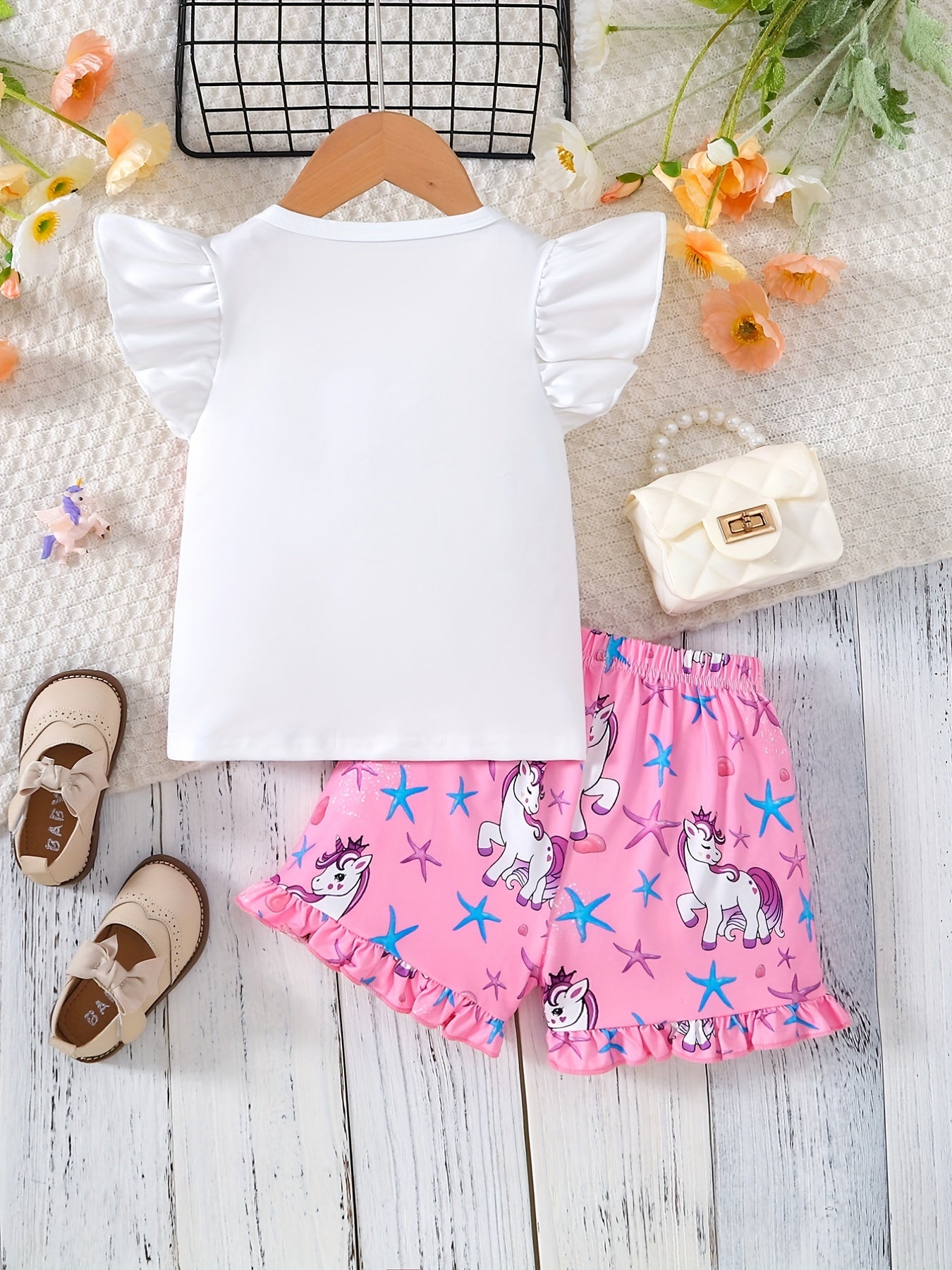 2pcs Girls Ruffle Trim Cute Cartoon Unicorn Graphic T-shirt Top & Ruffled Hem Elastic Waist Shorts Set Kids Summer Clothes