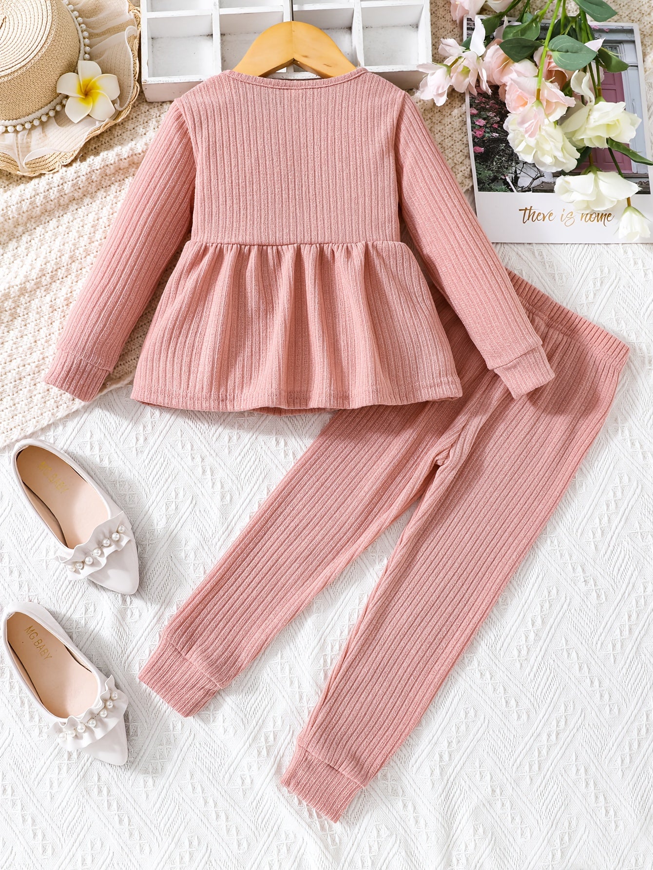 Girls 2pcs Ruffle Decor Top & Elastic Waist Pants Solid Color Patched Ribbed Crew Neck Long Sleeve Pullover Top Casual Kids Clothes Spring Fall