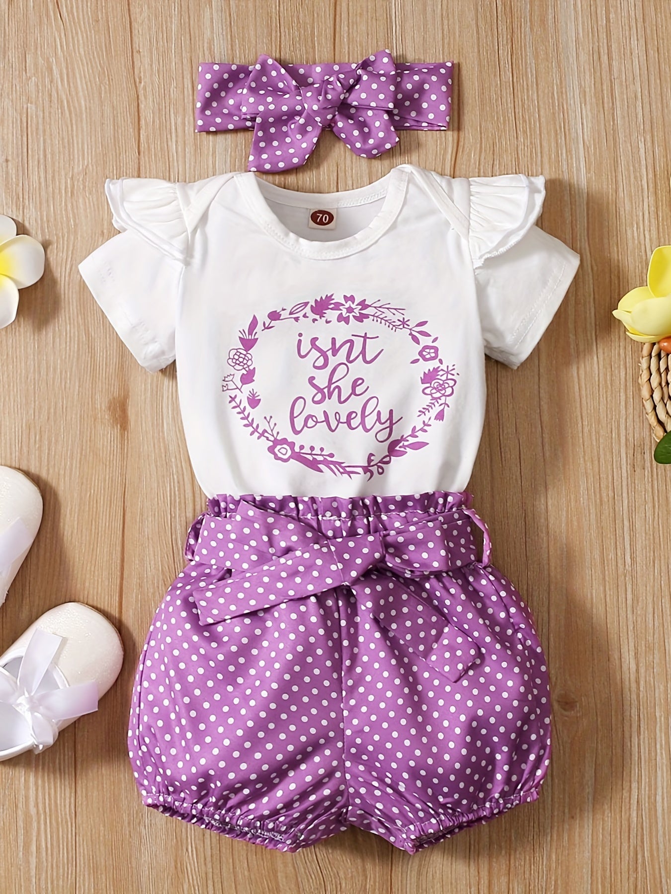 3pcs Baby Girls Cute "Isn't She Lovely" Short Sleeve Ruffle Trim Onesie & Polka Dot Belted Shorts & Headband Set, Cotton Casual Clothes
