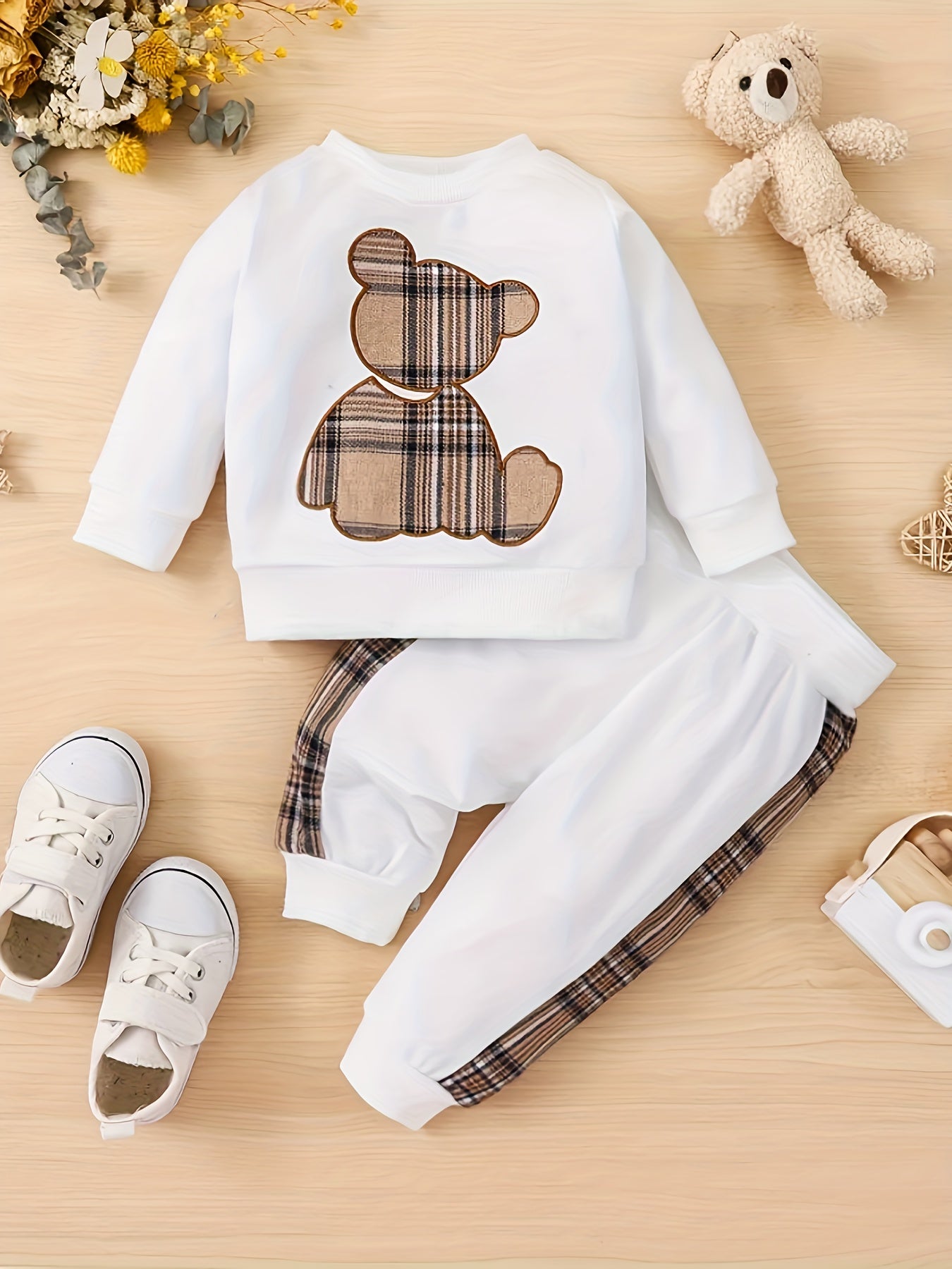 Baby Boy Cute Bear Embroidered Round Neck Long Sleeved Sweatshirt And Pants Set