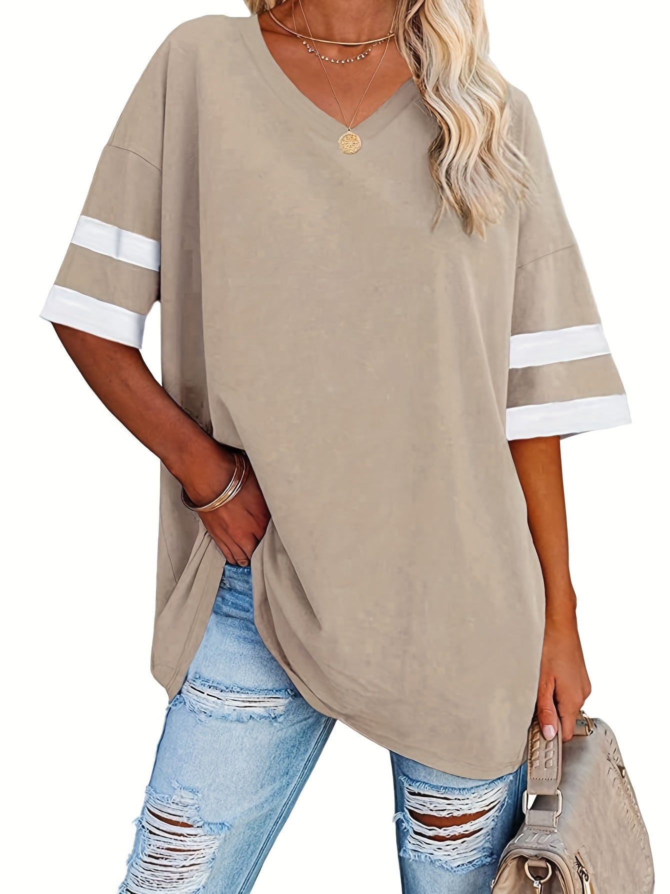 Plus Size Casual T-shirt, Women's Plus Colorblock Drop Shoulder Short Sleeve V Neck Slight Stretch Oversized T-shirt