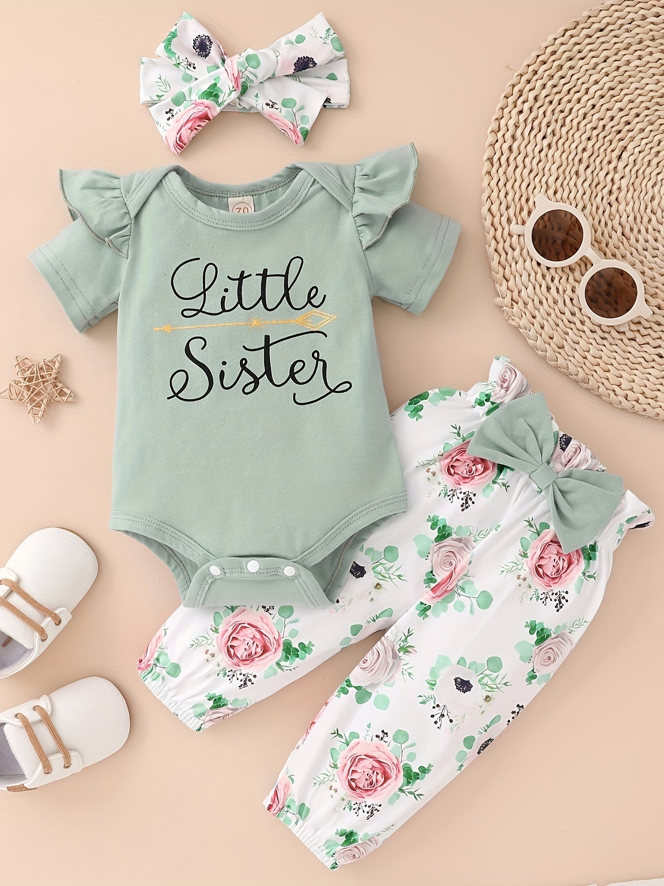 Baby Girls Cotton Short Sleeve Bodysuit Romper + Matching Floral Print Pants + Headband Baby Clothes Summer