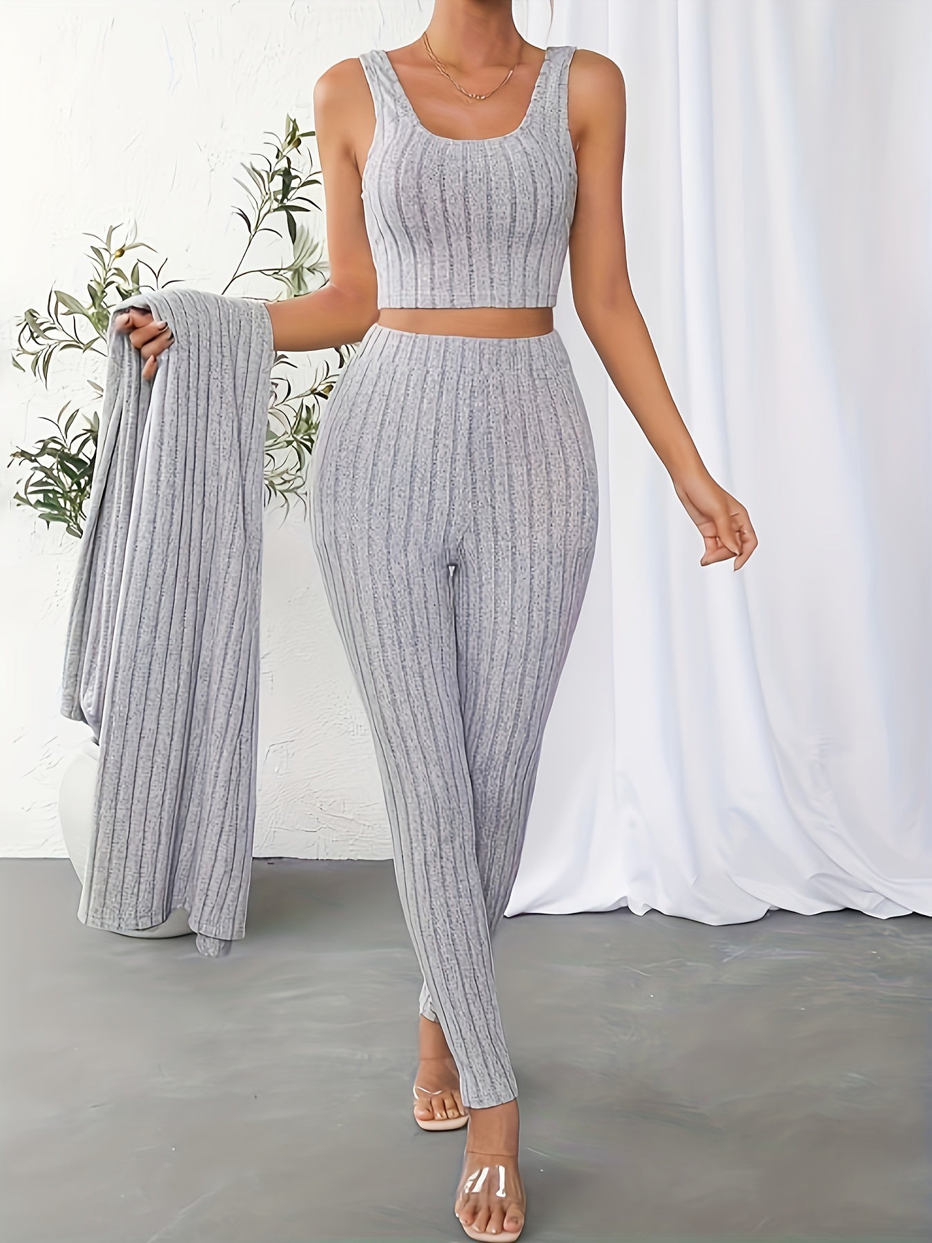 Ribbed Solid Three-piece Set, Crop Tank Top & Long Sleeve Cardigan & High Waist Pants Outfits, Women's Clothing
