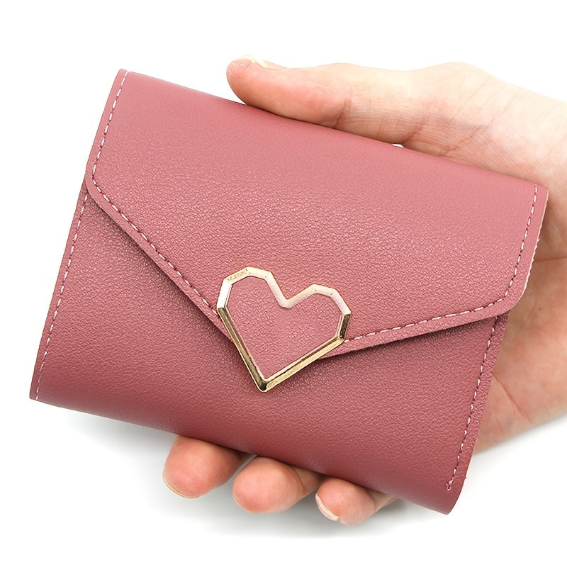 Women's Stylish Short Wallet, Faux Leather Casual Trifold Coin Purse, Simple Purse With Metal Love Decor