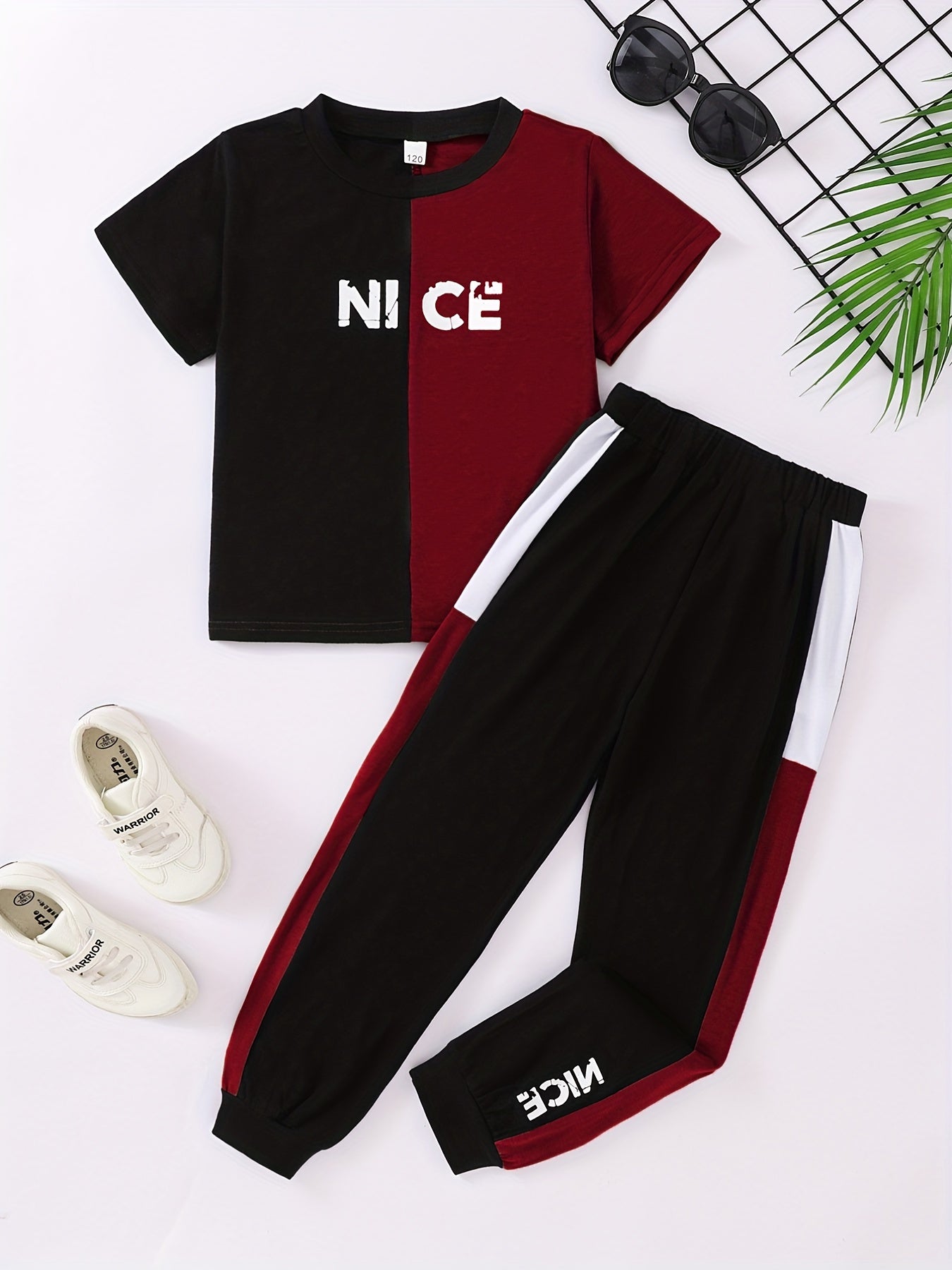 2pcs Boys Letter Graphic Round Neck T-Shirts Color Block Short Sleeve Tees Top & Elastic Waist Splicing Pants Set Kids Summer Clothes