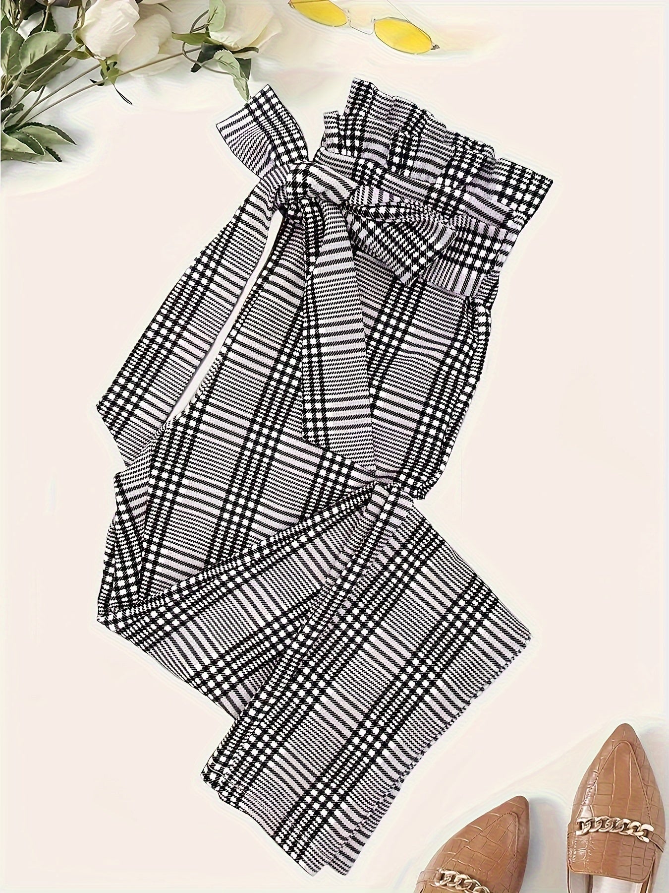 Plaid Print Tie Waist Pants, Elegant Paper Bag Waist Pants For Spring & Fall, Women's Clothing
