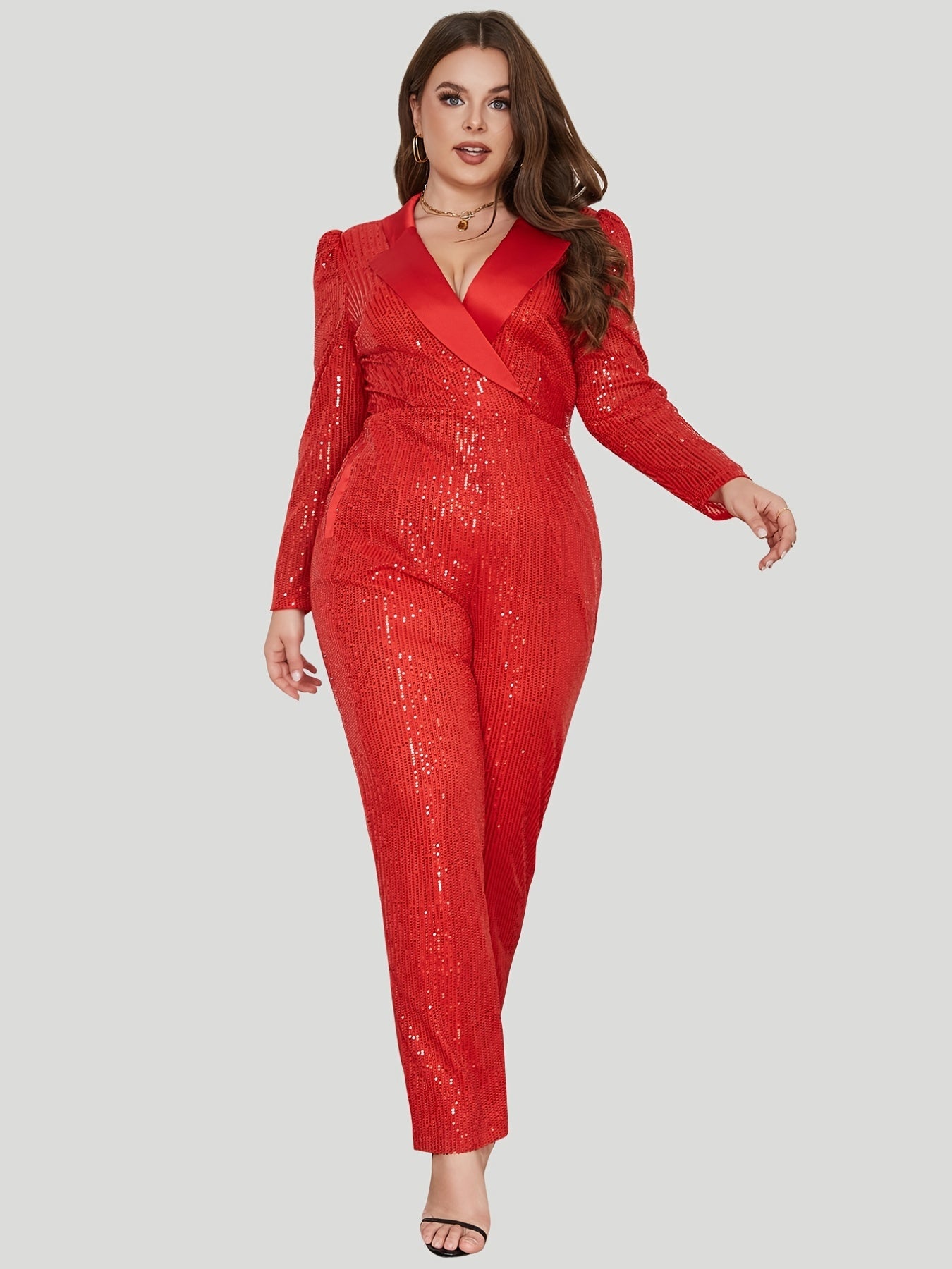 Plus Size Elegant Jumpsuit, Women's Plus Solid Sequin Lantern Sleeve Lapel Collar Jumpsuit