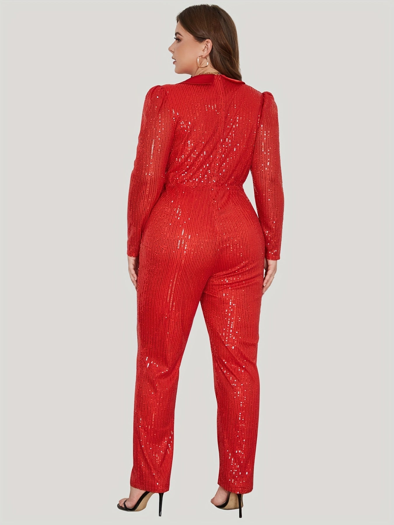 Plus Size Elegant Jumpsuit, Women's Plus Solid Sequin Lantern Sleeve Lapel Collar Jumpsuit