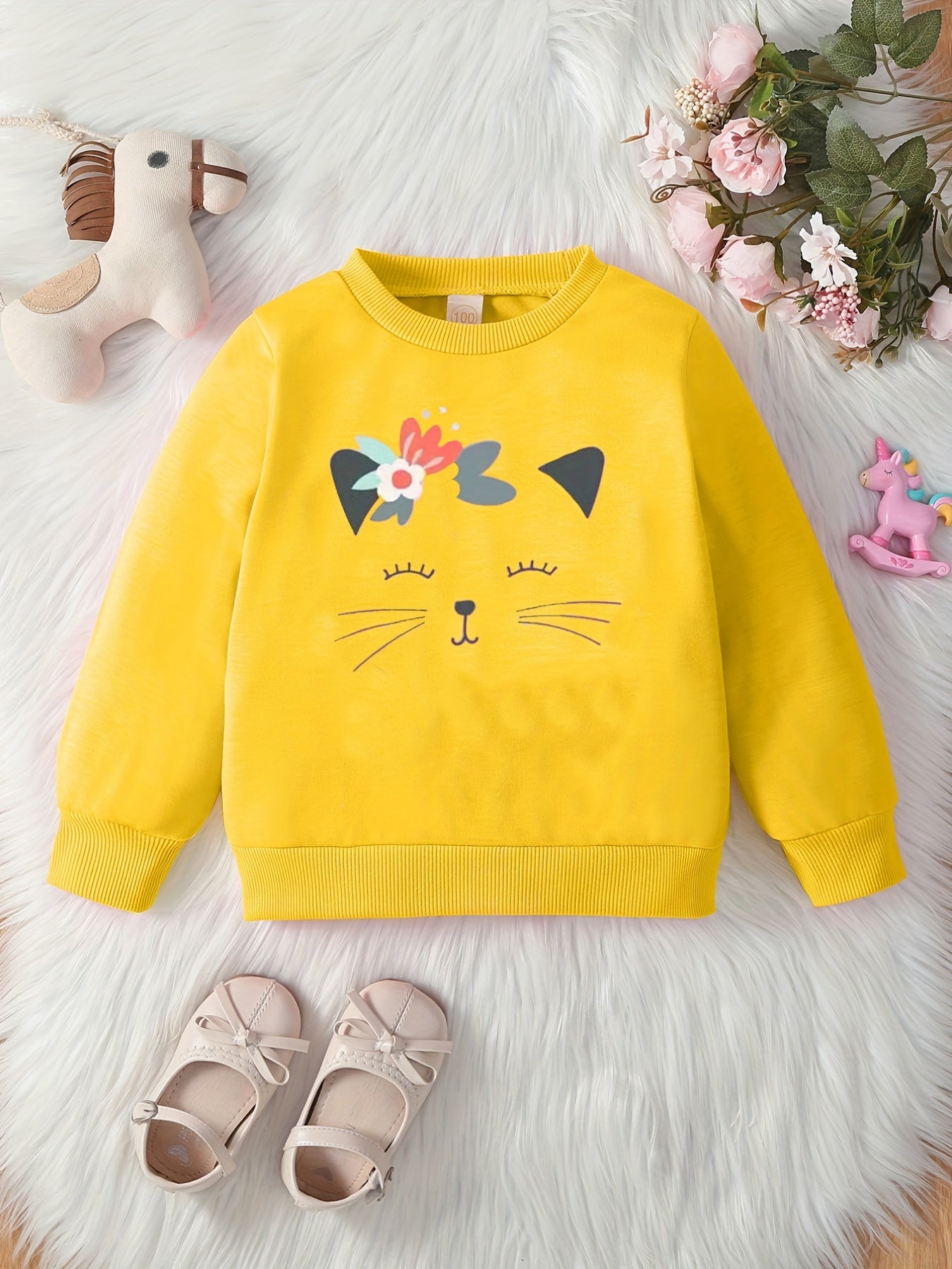 Kid's Cartoon Floral Pattern Sweatshirt, Casual Long Sleeve Top, Toddler Girl's Clothes For Spring Fall