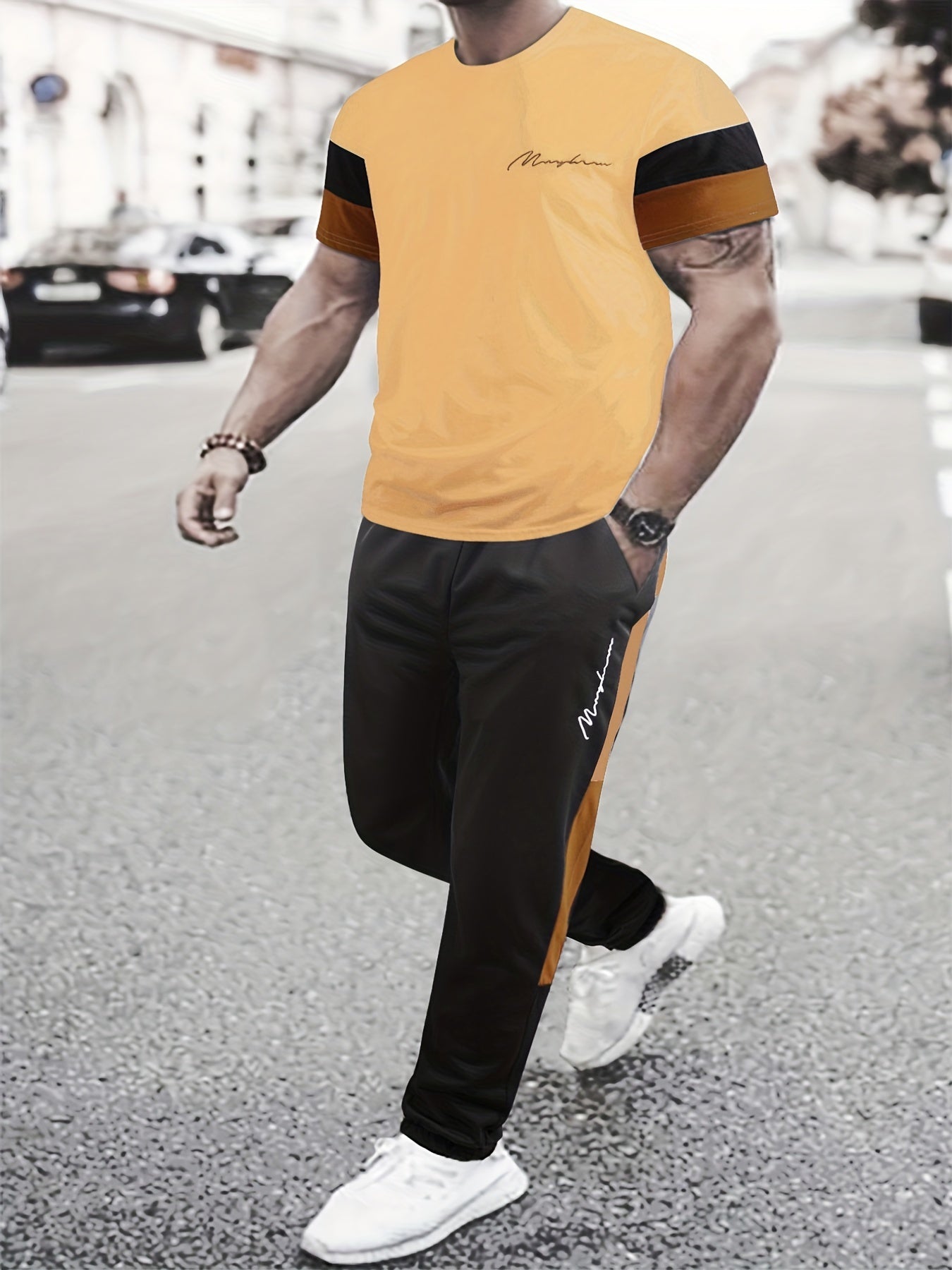 Men's Colorblock Casual T-shirt Outfit Set, 2 Pieces Round Neck Short Sleeve Tees And Drawstring Long Pants