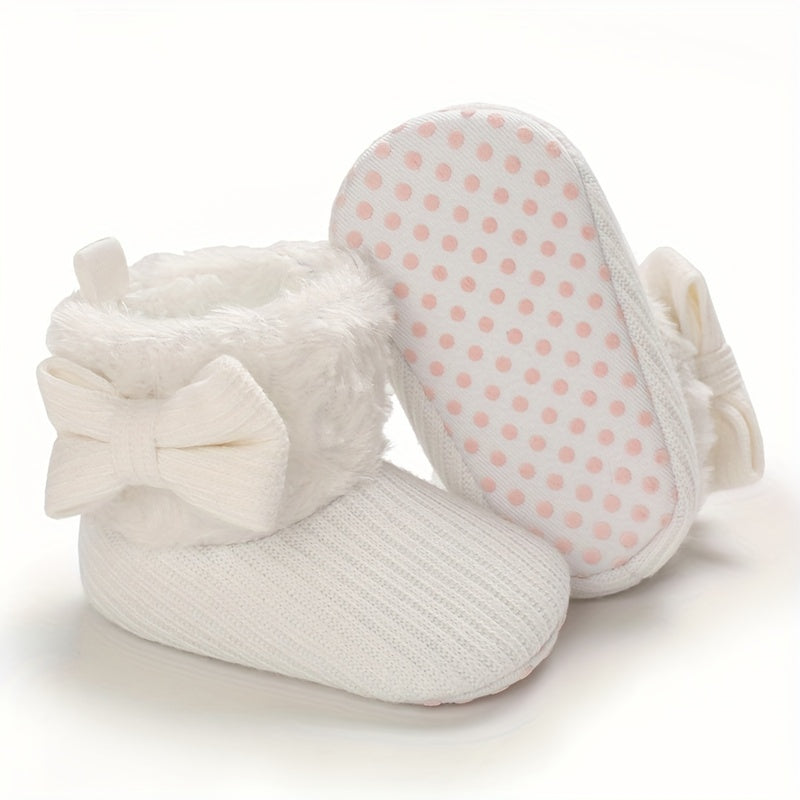 Cute Bowknot Comfortable Boots For Baby Boys And Girls, Soft Warm Plus Fleece Boots For Indoor Walking, Winter