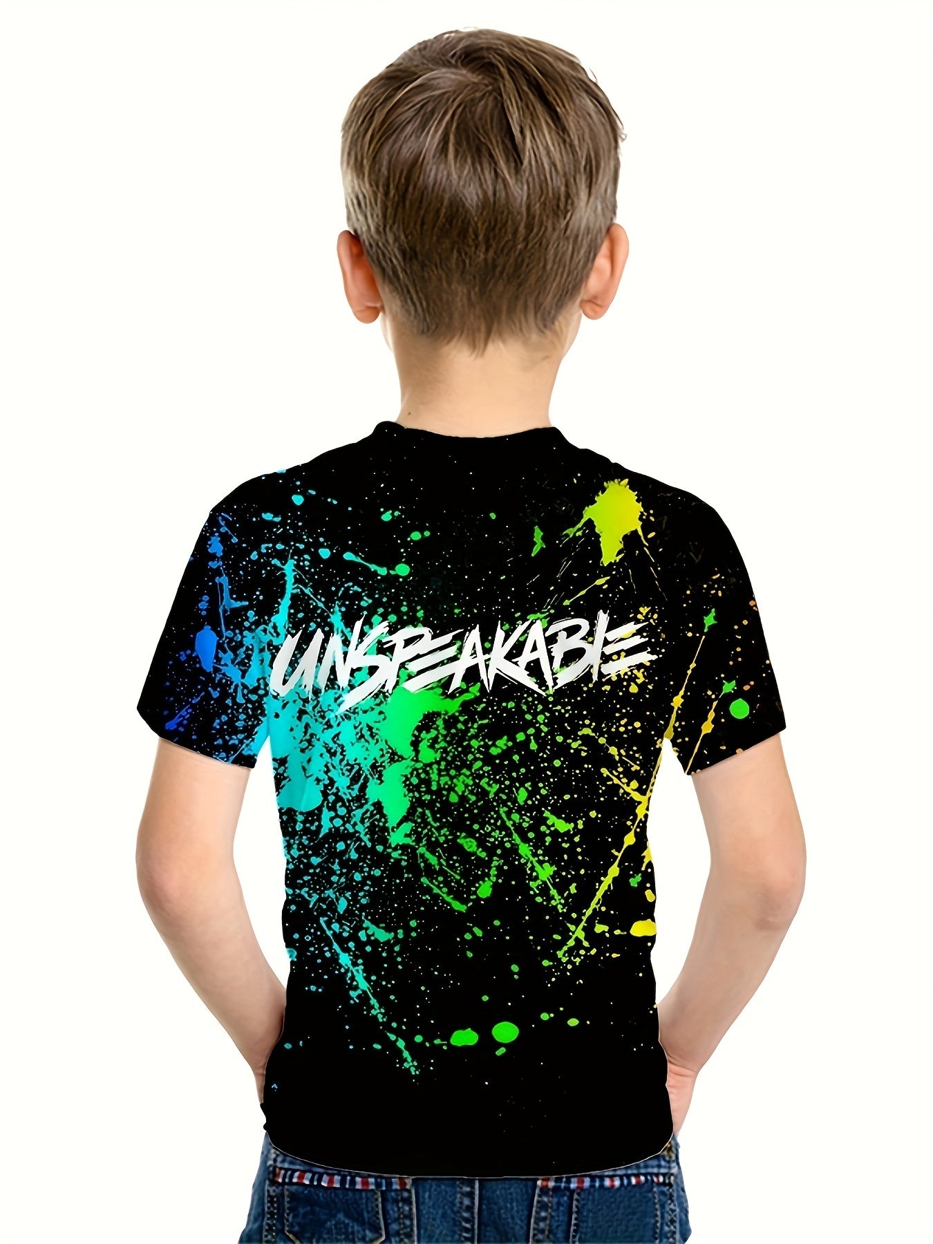 Paint Splash Pattern Kid's T-shirt, UNSPEAKABLE Print Casual Short Sleeve Top, Unisex Tee, Girl's & Boy's Clothes For Summer