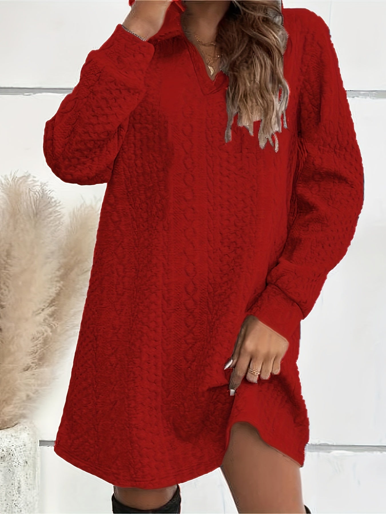 Plus Size Sexy Sweatshirt Dress, Women's Plus Solid Cable Knit Long Sleeve Slight Stretch Hoodie Dress