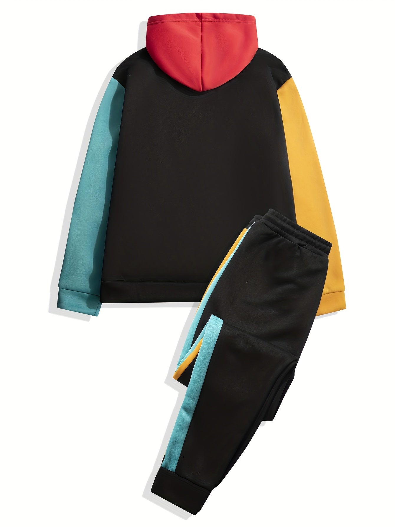 Men's Color Block Suit,  Drawstring And Pocket Hoodie And Sports Trousers