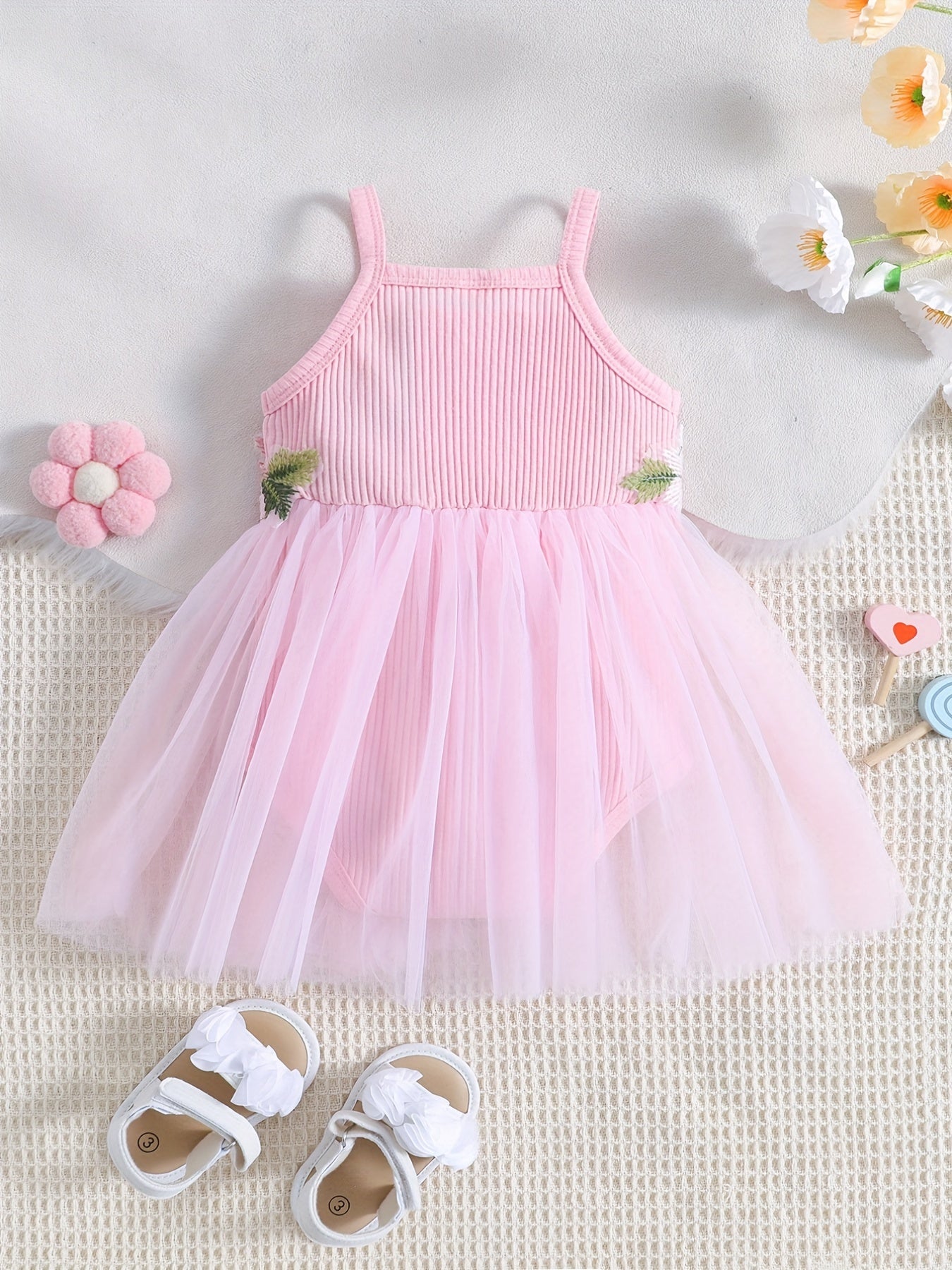 Baby Girl's Cute Floral Embroidery Sleeveless Mesh Cami Onesie Dress Clothes With Fashion Mesh Hem And Flower Decors