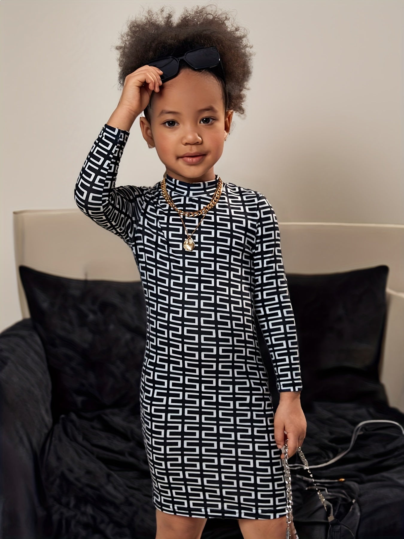 Girls Elegant Geometric Print Mock Neck Long Sleeve Bodycon Dress For 4-7 Years Old, Spring And Autumn