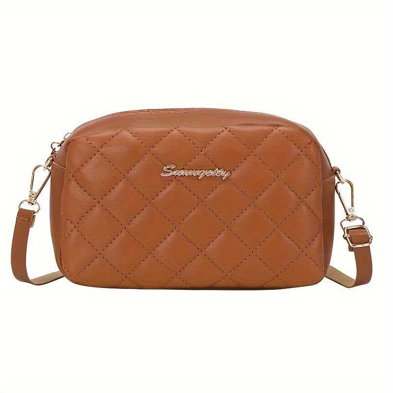 Mini Crossbody Bag With Round Bag, Argyle Quilted Shoulder Bag, Women's Vegan Leather Square Purse