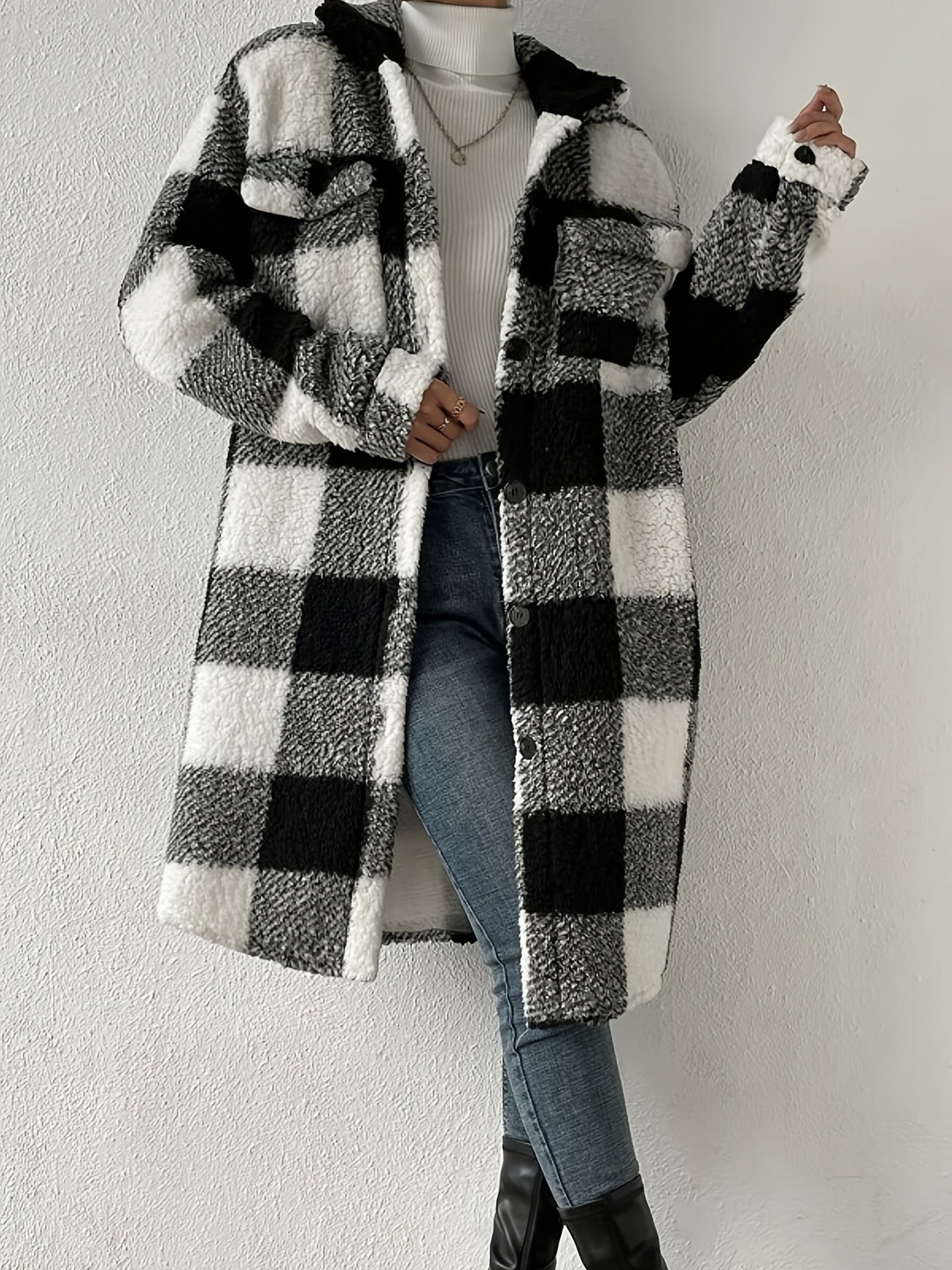 Plaid Pattern Teddy Coat, Casual Button Front Long Sleeve Outerwear, Women's Clothing