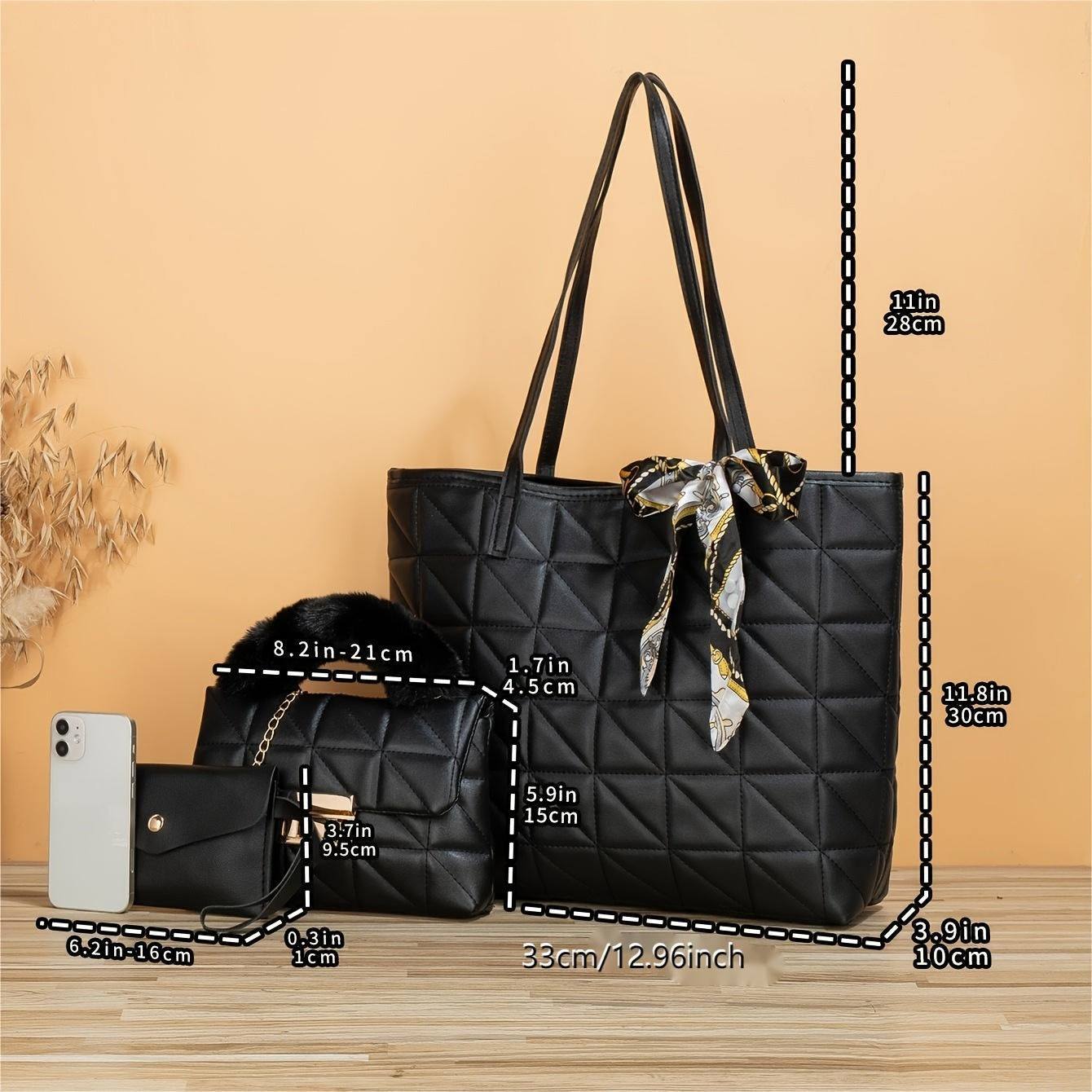 4 Pcs Quilted Detail Bag Sets, Solid Color Tote Bag With Shoulder Chain Bag & Purse & Crossbody Bag, Classic Bags With Scarf Decor