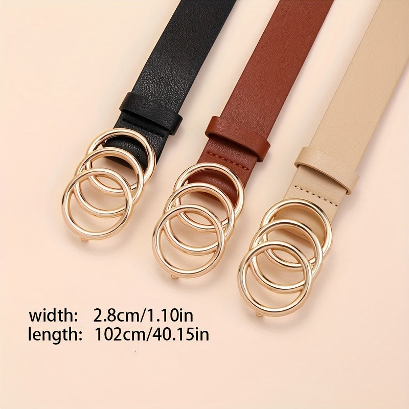 Golden Triple Ring Buckle Belts Simple Solid Color PU Waistband Classic Jeans Pants Belt Dress Coat Girdle For Women