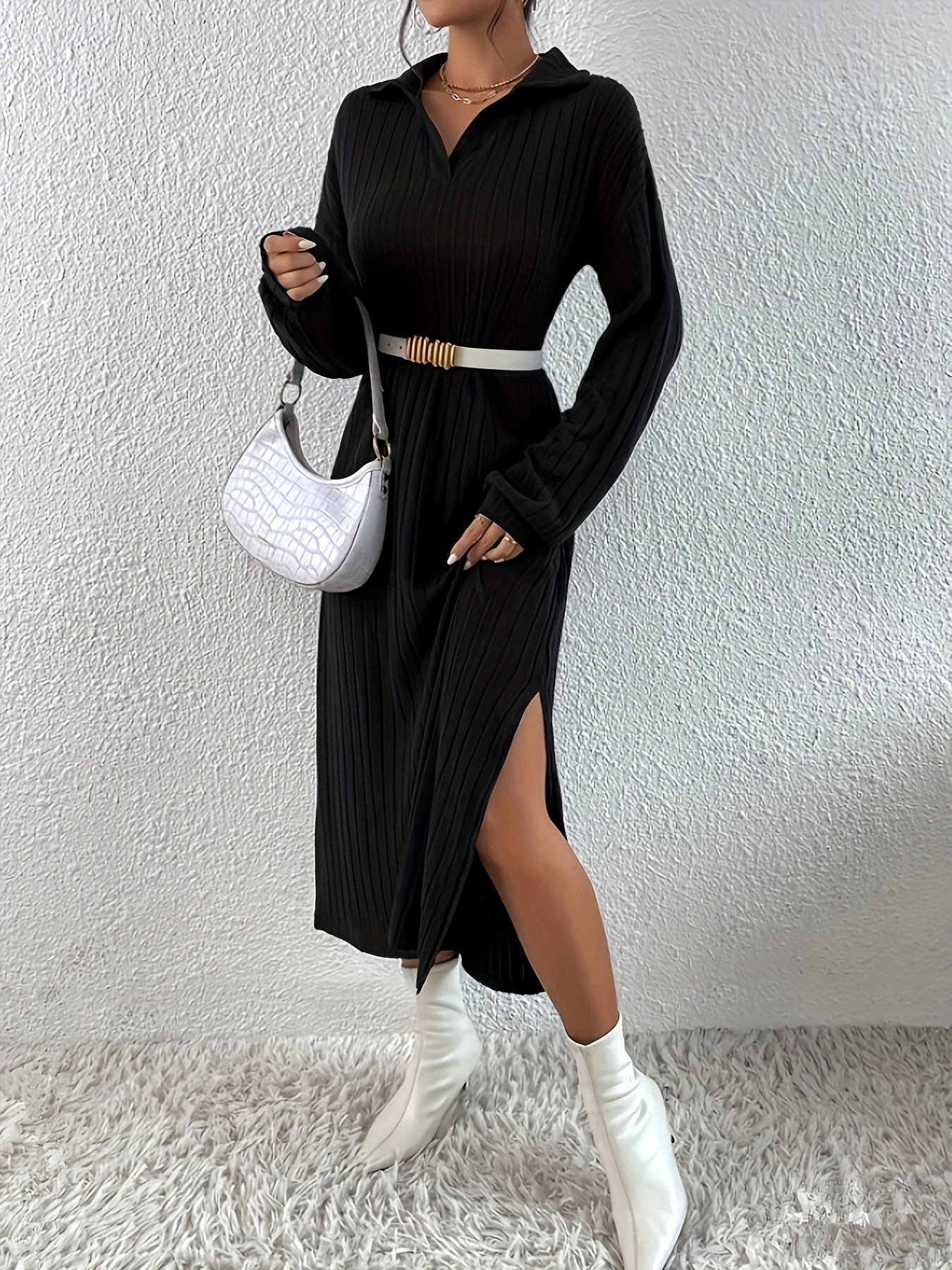 Solid Polo Neck Split Dress, Versatile Loose Long Sleeve Dress For Spring & Fall, Women's Clothing