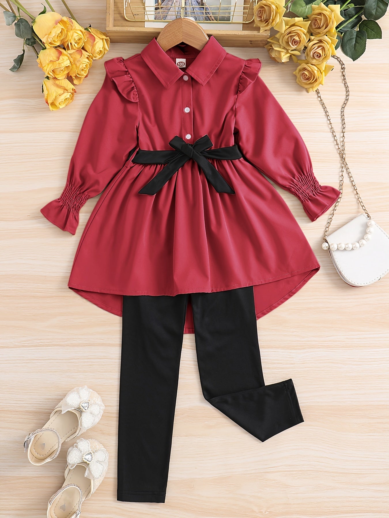 Lapel Long Sleeve Top & Trousers With Belt Girl's Two-piece Set, Spring And Autumn Daily Casual Outwear Clothes