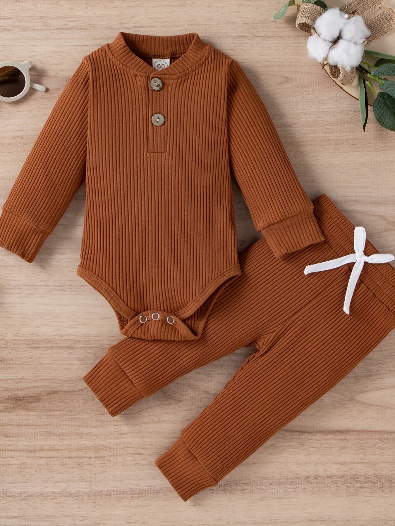 2pcs Baby Infant Boys And Girls Casual Plain Color Long Sleeve Onesie & Pants Set Clothes