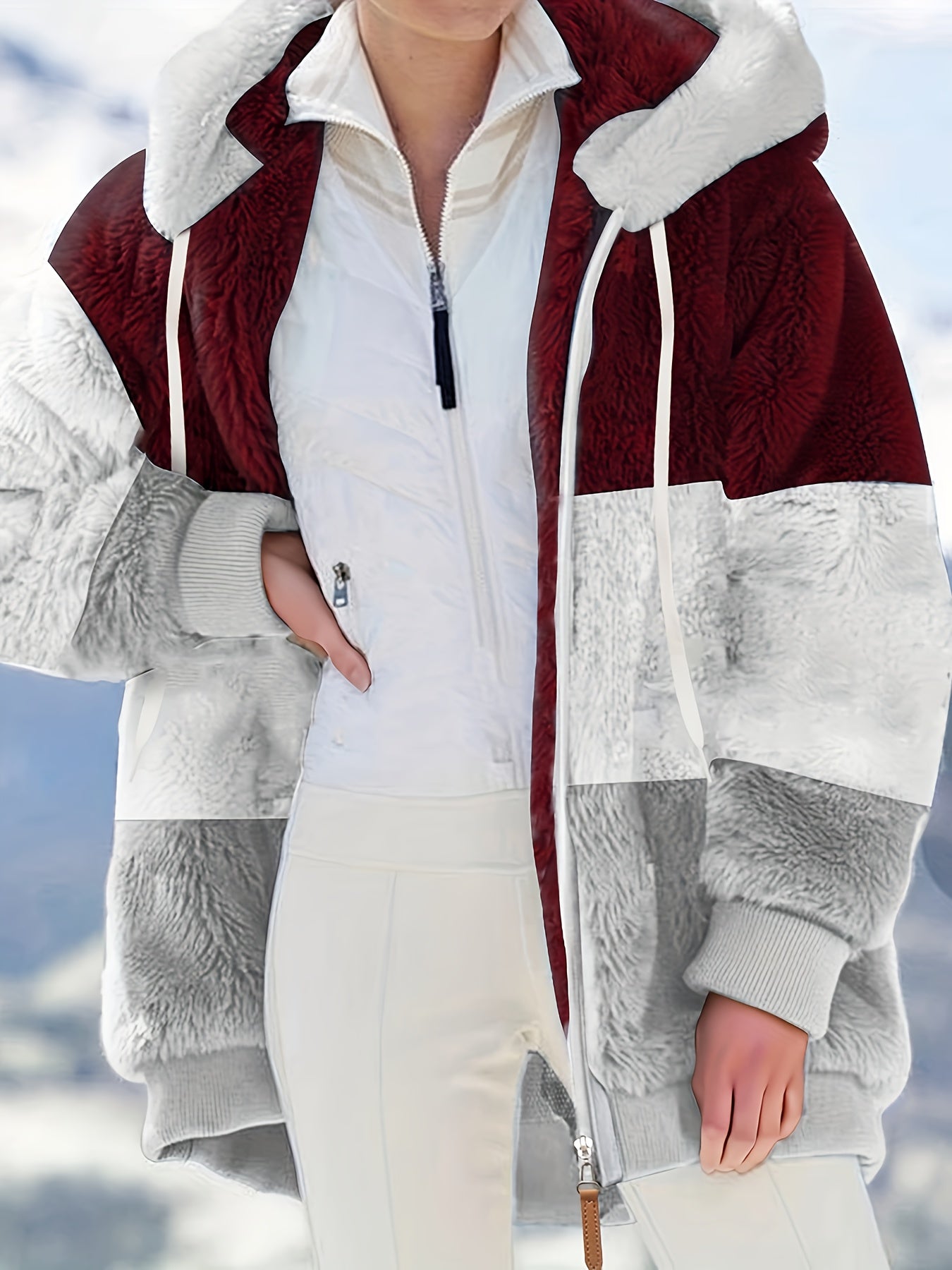 Plus Size Colorblock Fuzzy Hoodie Drawstring Zip Up Coat, Women's Plus Pocket Casual Overcoat