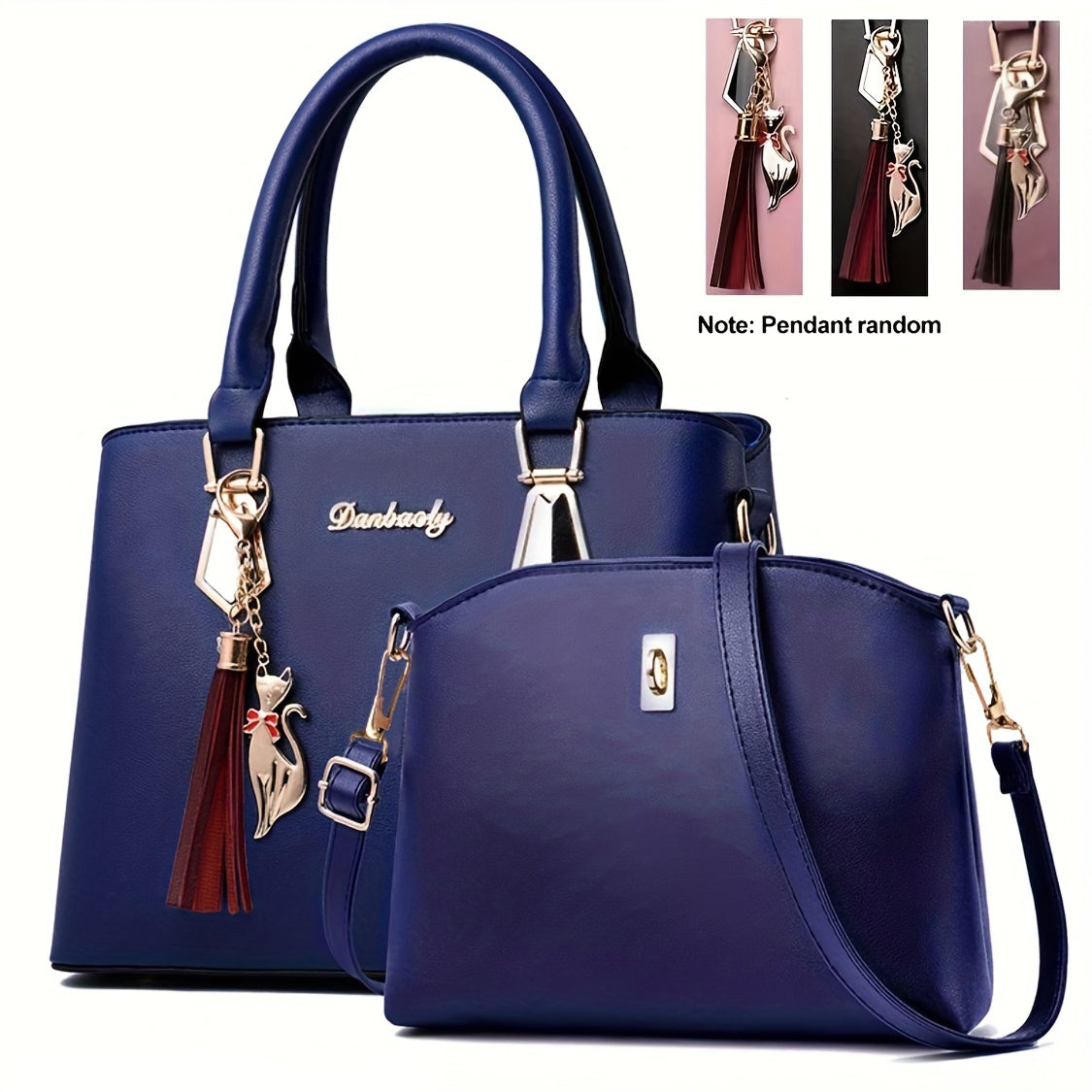 2pcs Tassel Pendant Tote Bag Crossbody Set, PU Leather Large Capacity Shoulder Bag, Casual Versatile Commuter Bag