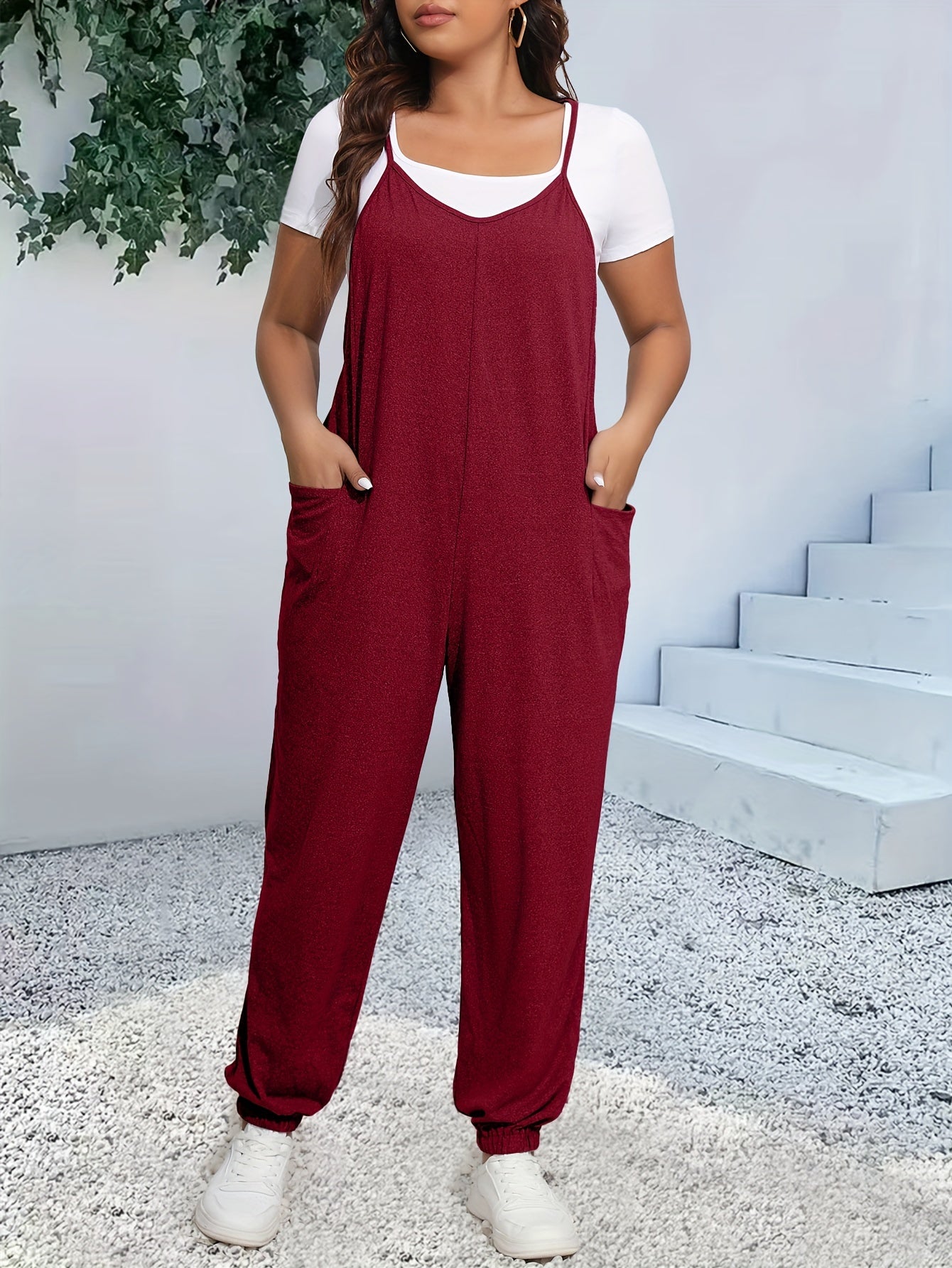 Plus Size Casual Cami Jumpsuit, Women's Plus Heathered V Neck Tapered Leg Cami Jumpsuit With Pockets