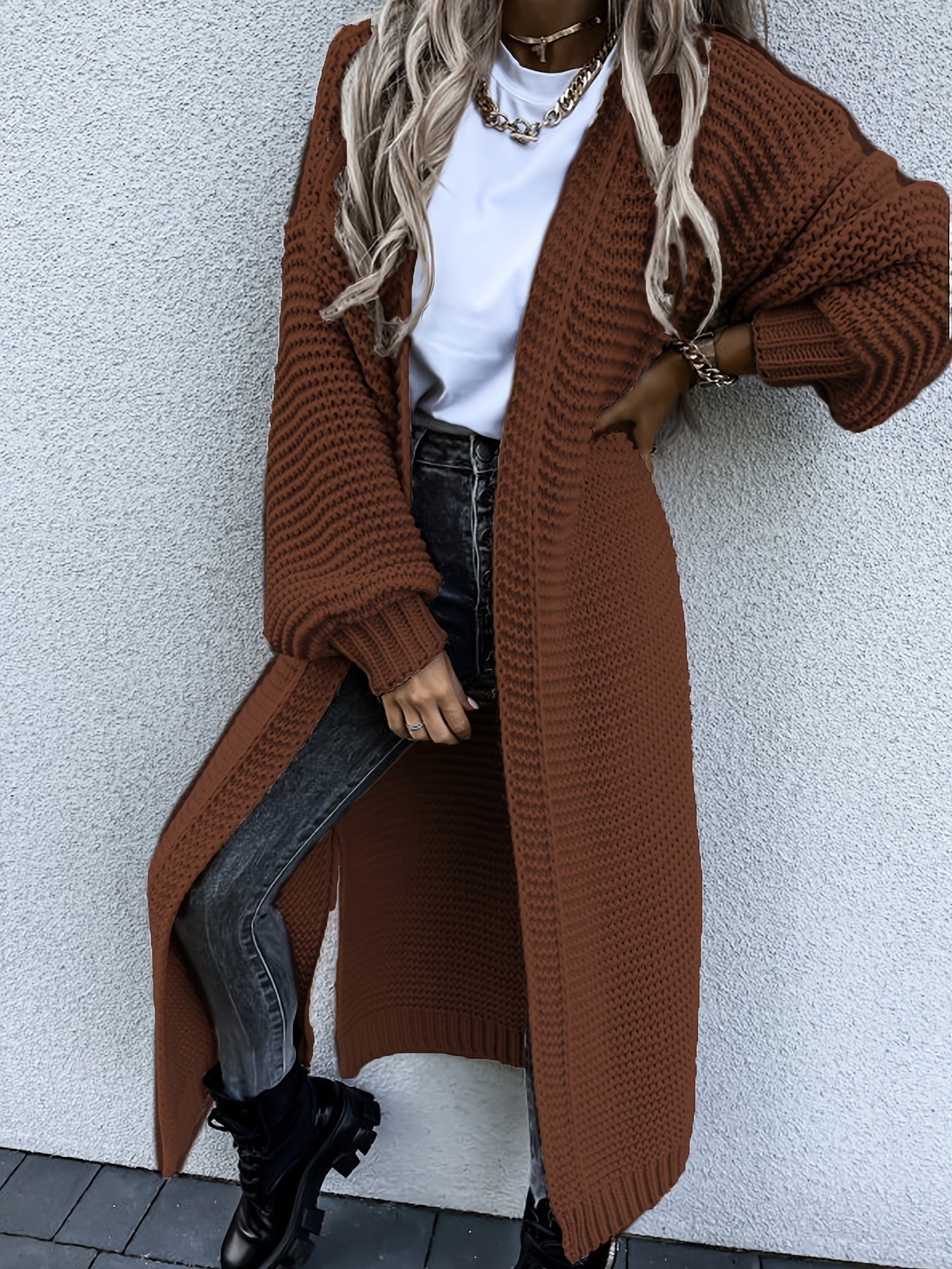 Solid Open Front Side Split Cardigan, Casual Long Sleeve Cardigan For Spring & Fall, Women's Clothing