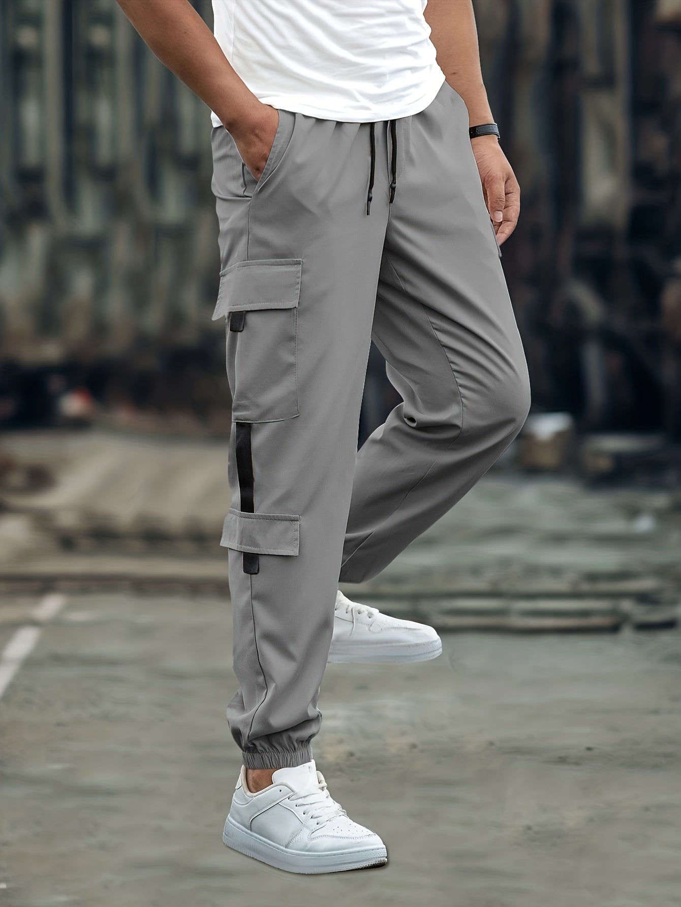 Multi Flap Pockets Cargo Pants, Men's Casual Loose Fit Drawstring Solid Color With Side Black Straps Design Cargo Pants Joggers For Spring Summer Outdoor
