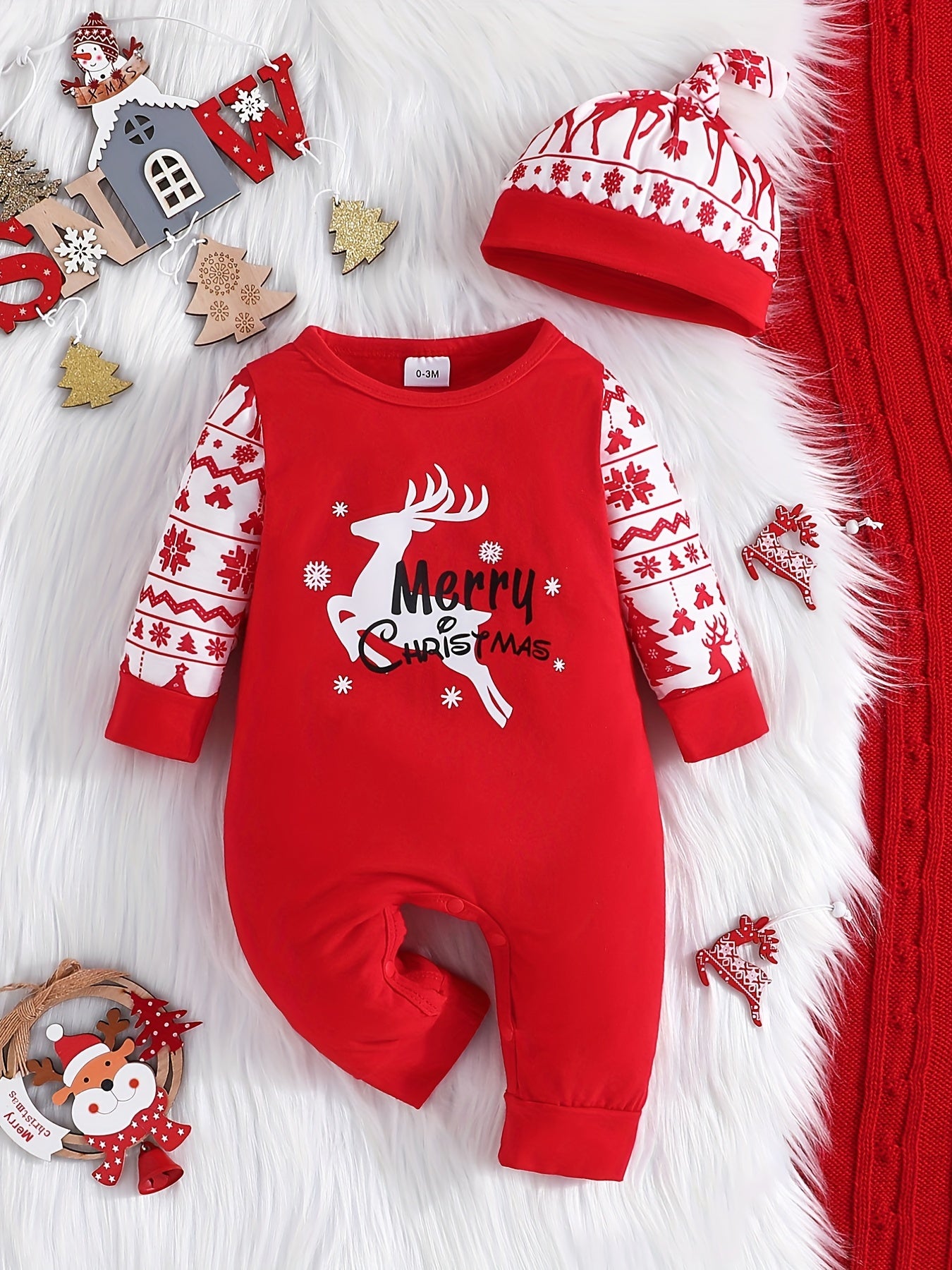 Christmas Cute Reindeer Letters Graphic Toddler Baby's Cute Jumpsuit With Hat, Kid's Pary Casual Clothes