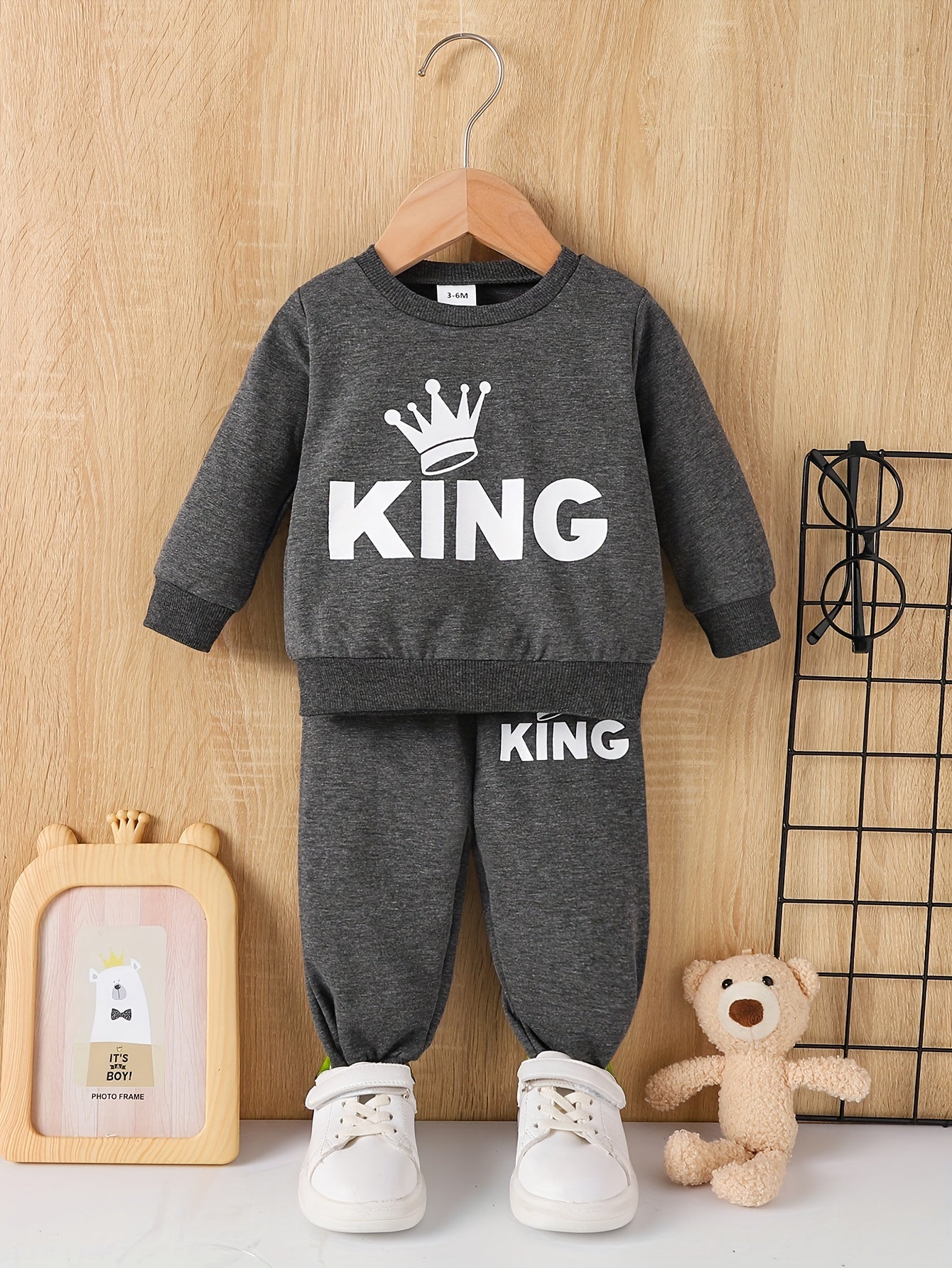Toddler Baby Boy's KING Letter Assorted Print Long Sleeve Sweatshirt & Trousers Set, Casual Fall Winter Kid's Tracksuit