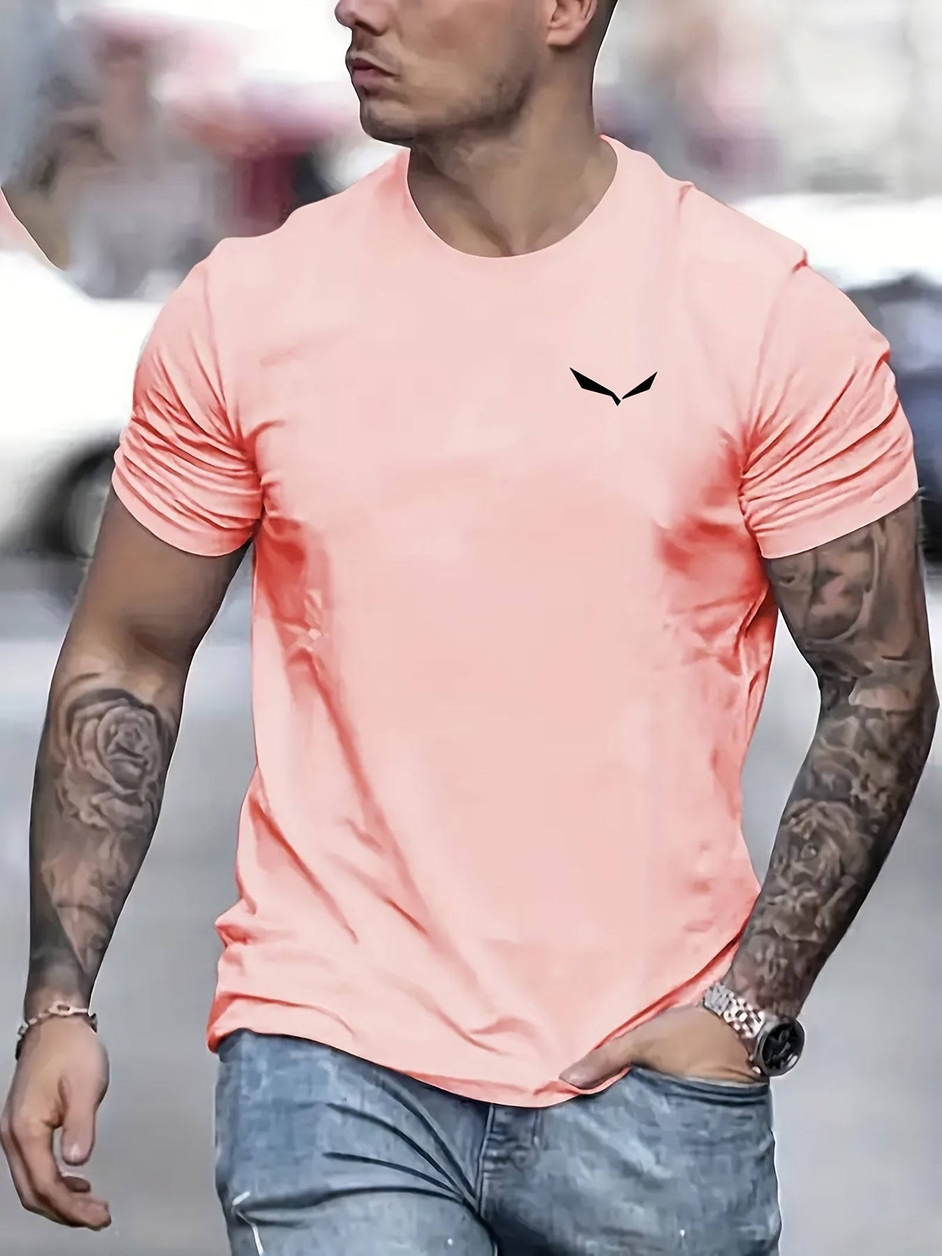 Bird Print T-shirt, Men's Casual Street Style Slightly Stretch Round Neck Tee Shirt For Summer Fall