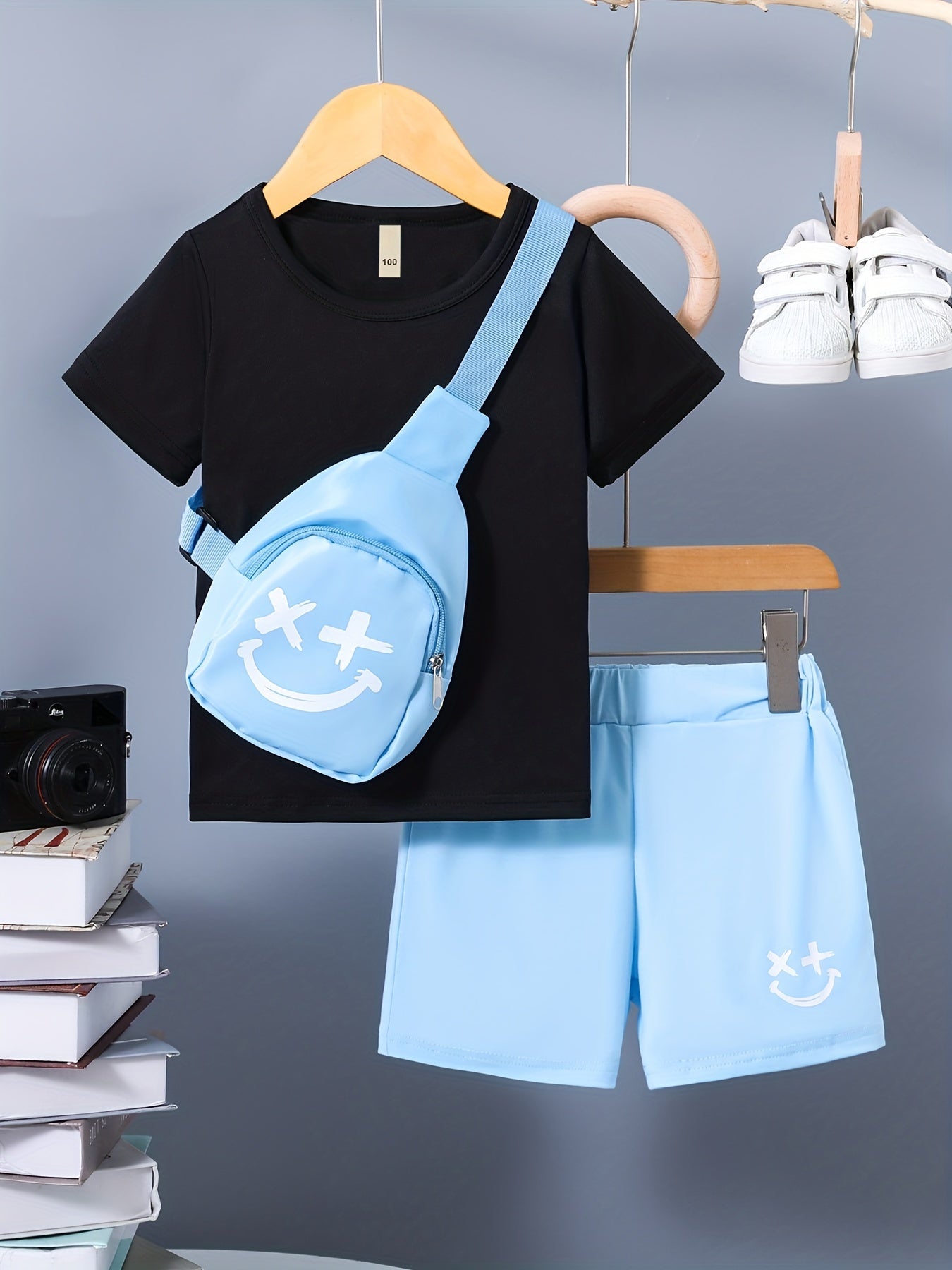 3pcs Boys Casual Solid Short Sleeve T-shirt & Smile Face Print Shorts & Crossbody Bag Set, Comfy Summer Kids Clothing