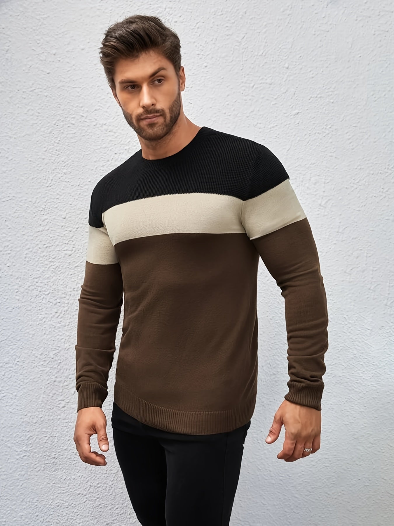 All Match Knitted Color Block Sweater, Men's Casual Warm High Stretch Crew Neck Pullover Sweater For Men Fall Winter