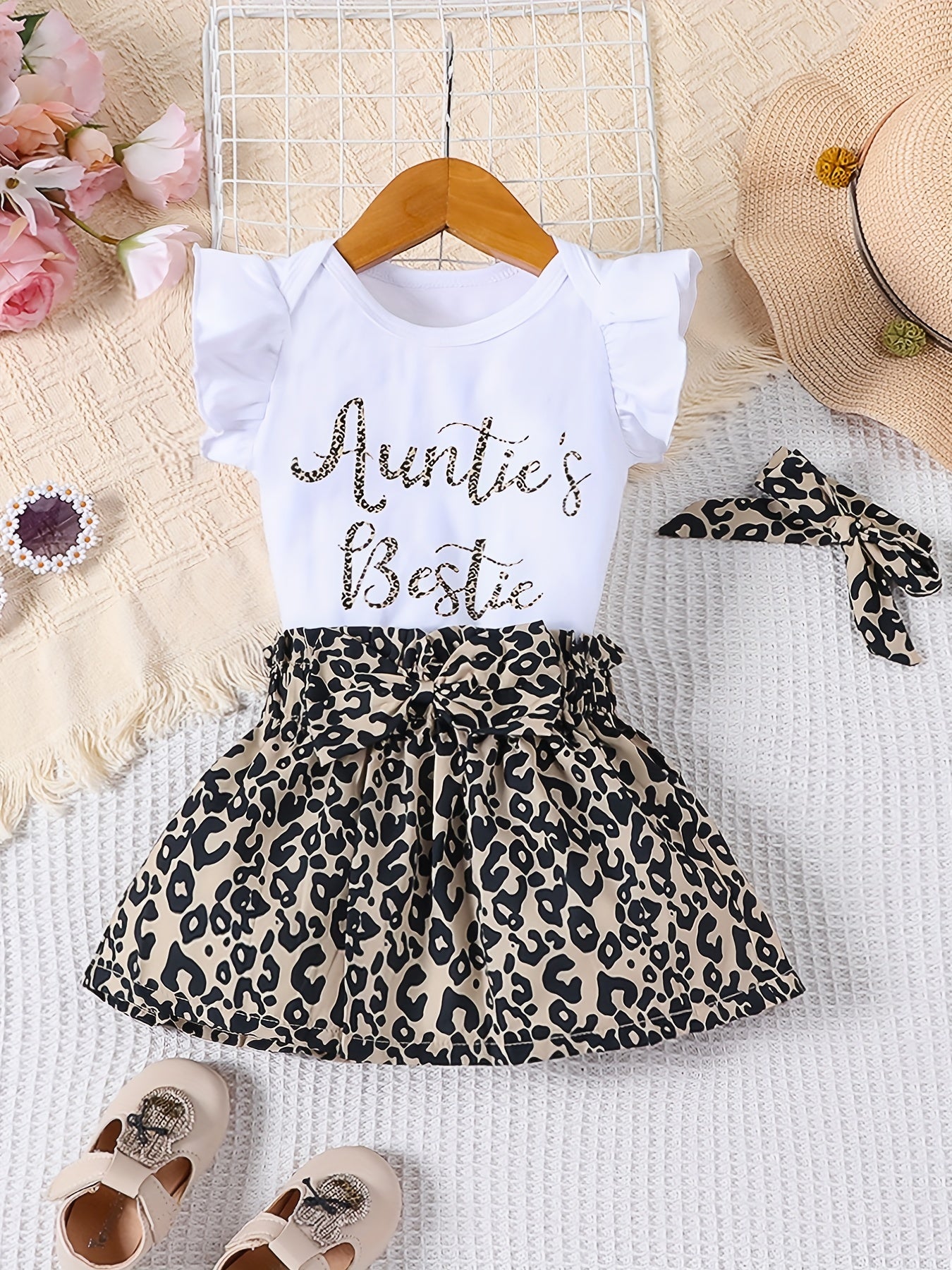 Cute "Auntie's Bestie" Print Flutter Sleeve Romper + Leopard Bow Skirt & Bow Headband, Baby Girls 3pcs Set