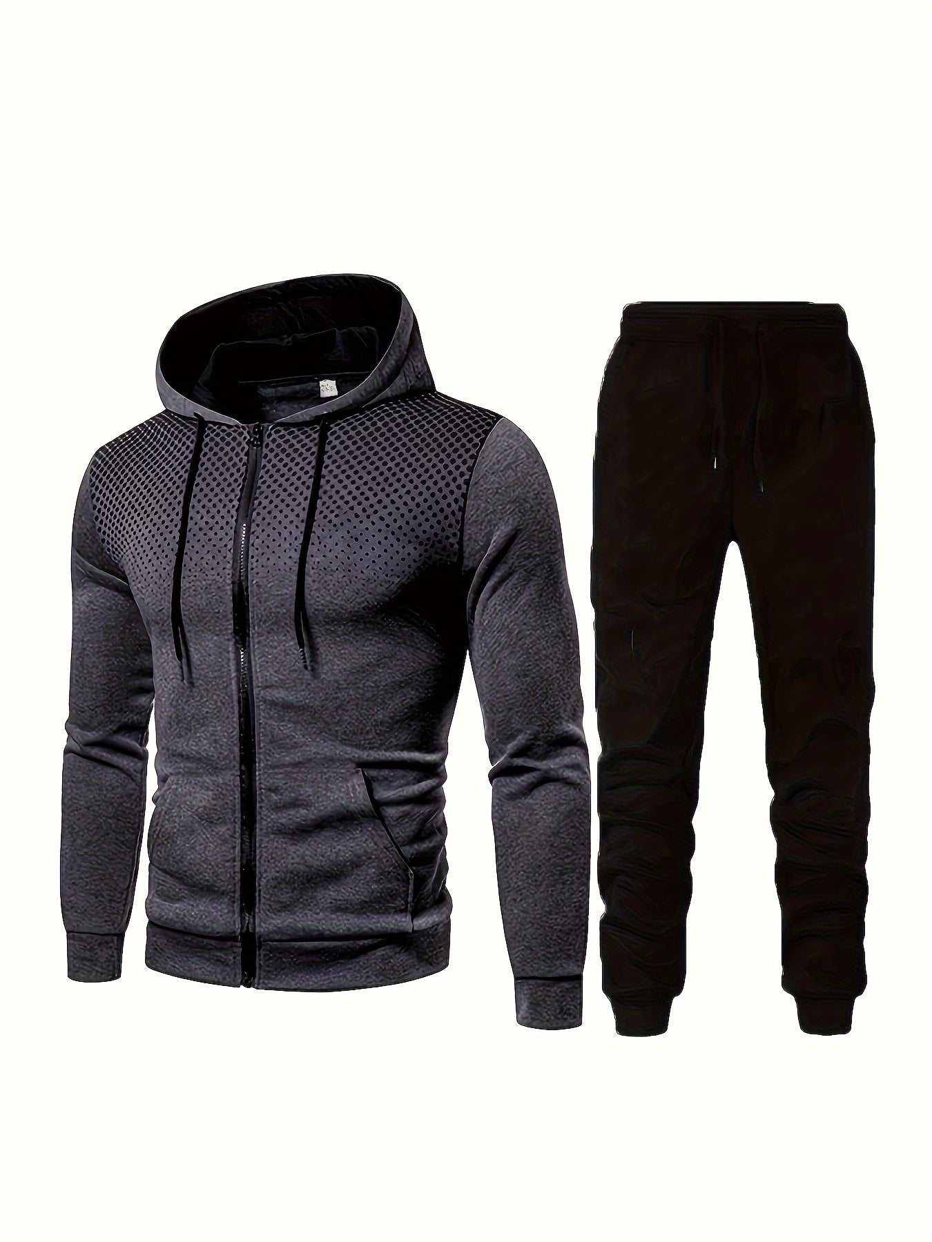 Casual Two Piece Set, Men's Graphic Zip Up Hooded Athletic Jacket & Drawstring Joggers Matching Set For Spring Fall Fitness Outdoor Activities
