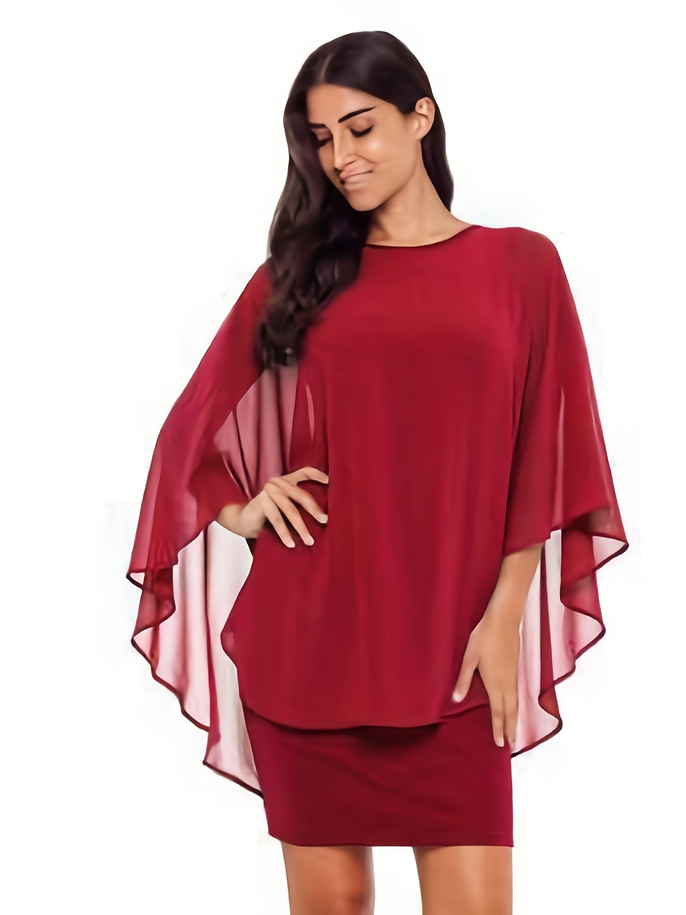 Plus Size Solid Round Neck 3/4 Sleeve Cape Midi Dress, Women's Plus Elegant Slight Stretch Cape Midi Dress