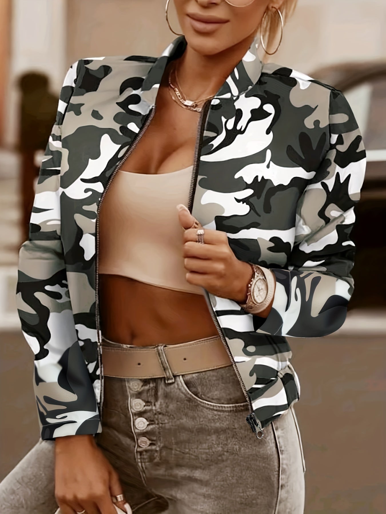 All Over Print Zipper Front Jacket, Casual Long Sleeve Crop Jacket For Spring & Fall, Women's Clothing