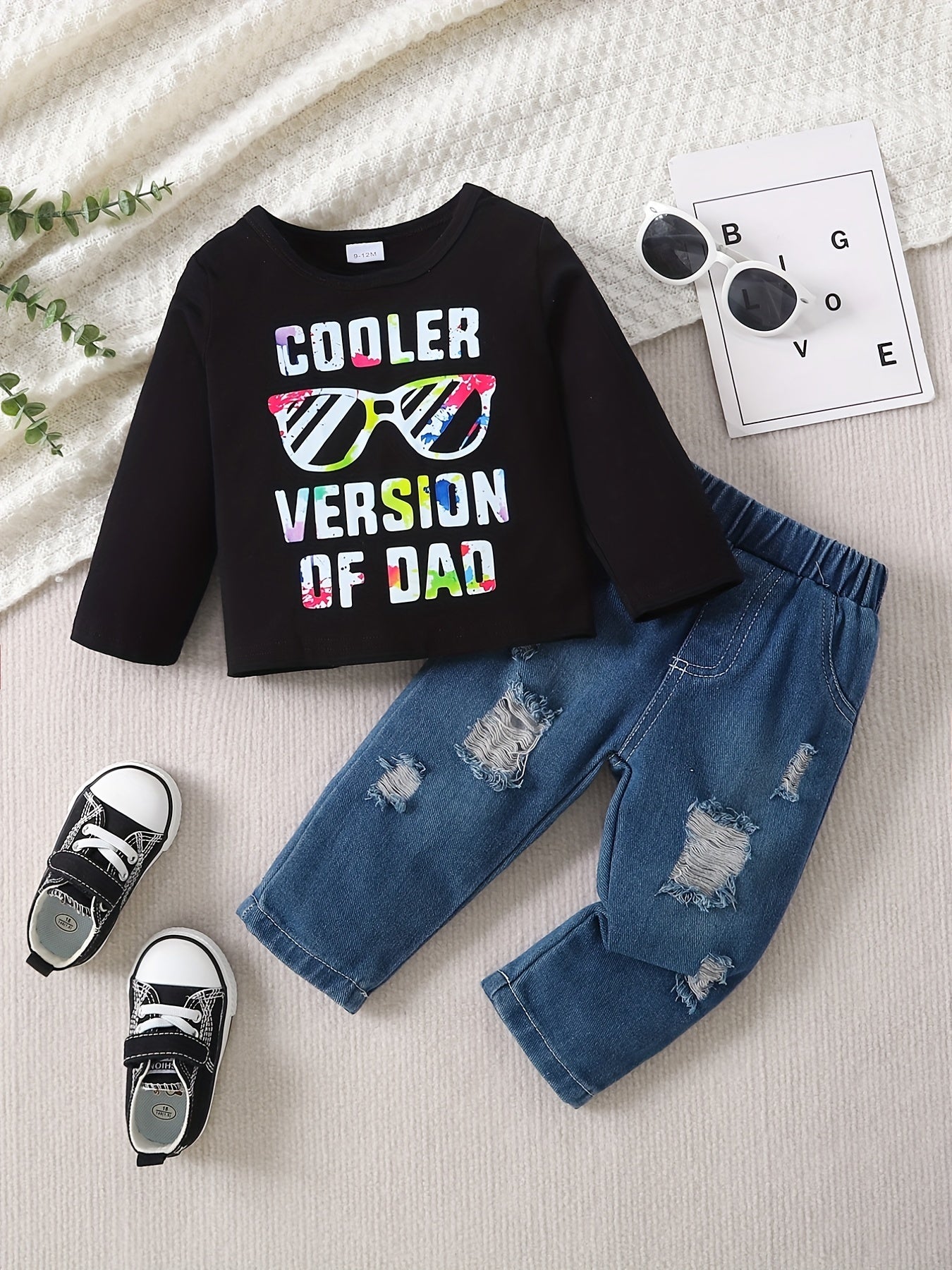 Toddler Baby Boys Trendy Casual Outfit, COOLER VERSION OF DAD Letter Print Long Sleeve Top & Ripped Jeans Set