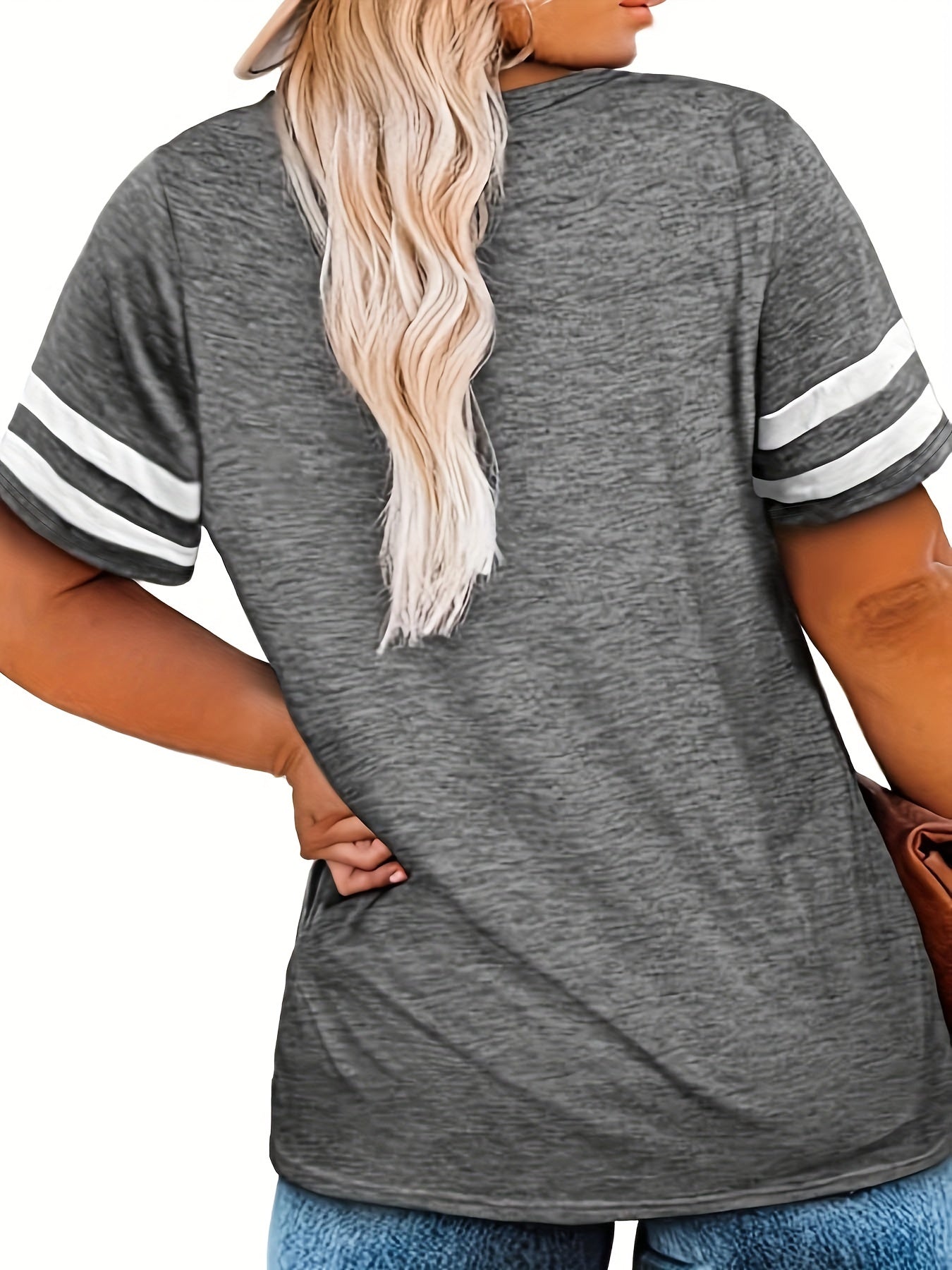 Plus Size Colorblock V Neck T-shirt, Women's Plus Slight Stretch Short Sleeve Casual Tee