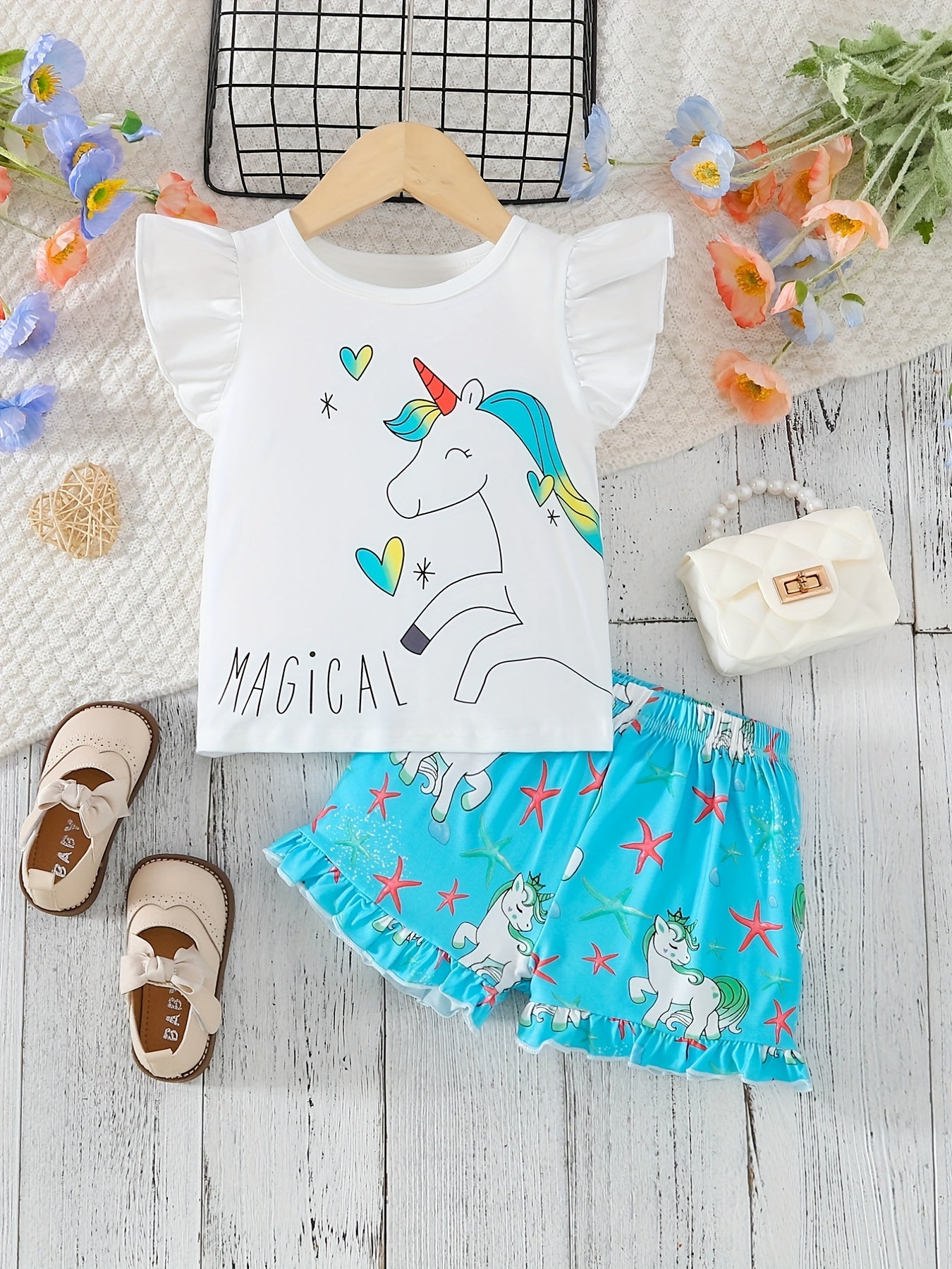 2pcs Girls Ruffle Trim Cute Cartoon Unicorn Graphic T-shirt Top & Ruffled Hem Elastic Waist Shorts Set Kids Summer Clothes