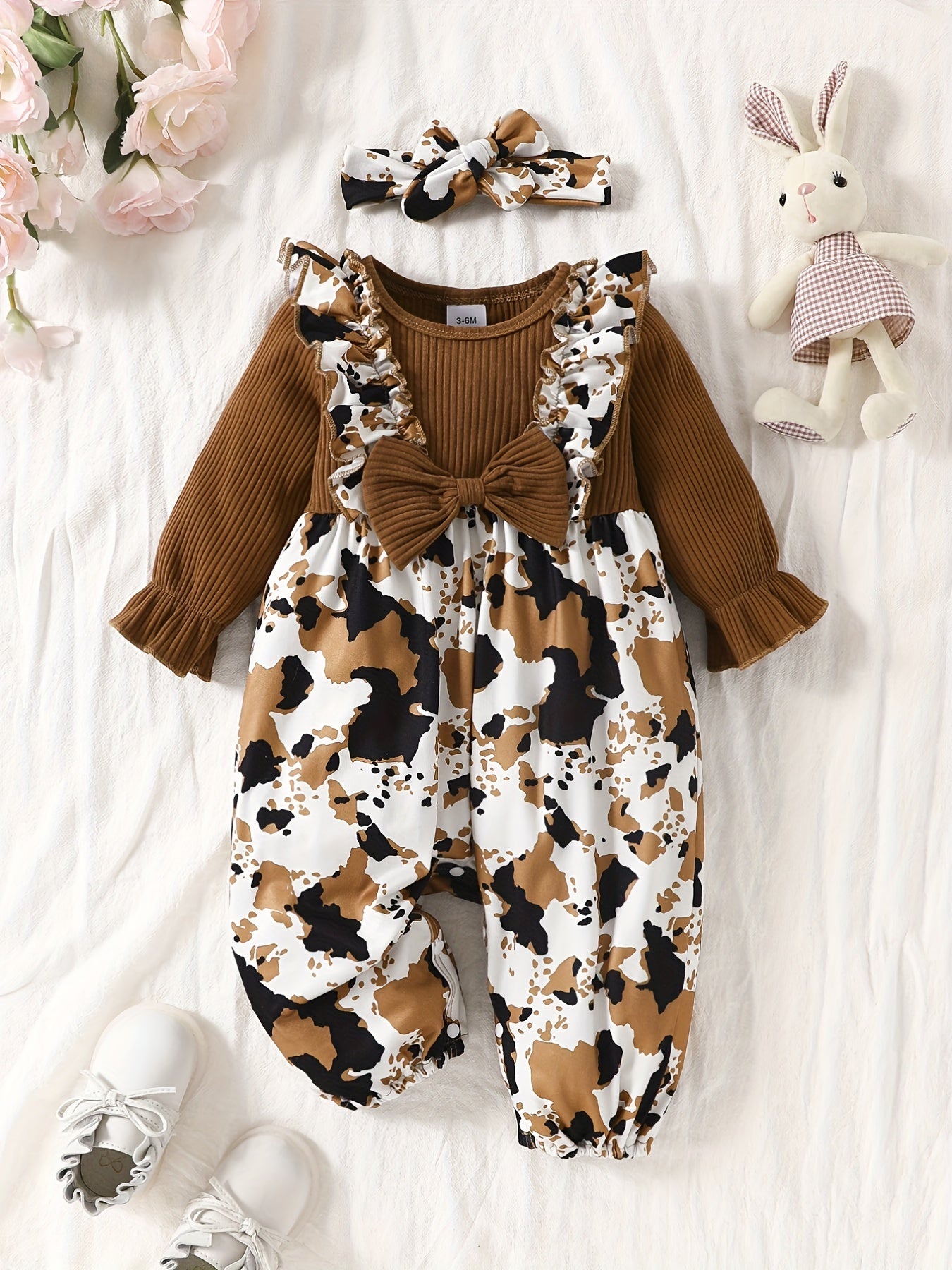 Baby Girls Romper Long Sleeve Cute Animal Print Jumpsuit & Headband