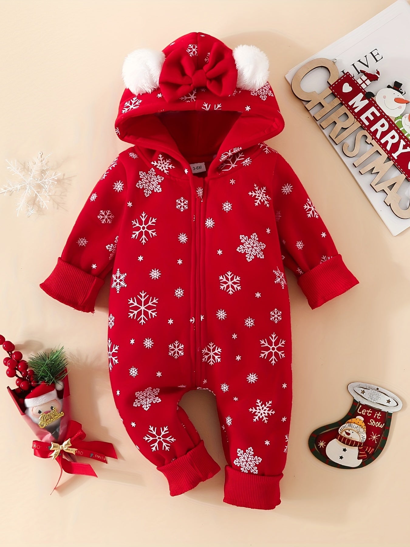 Baby Super Cute Bowknot Hooded Long Sleeve Sweatshirt Bodysuit,  Zipper Warm Outwear Hoodie, Christmas Romper Gift