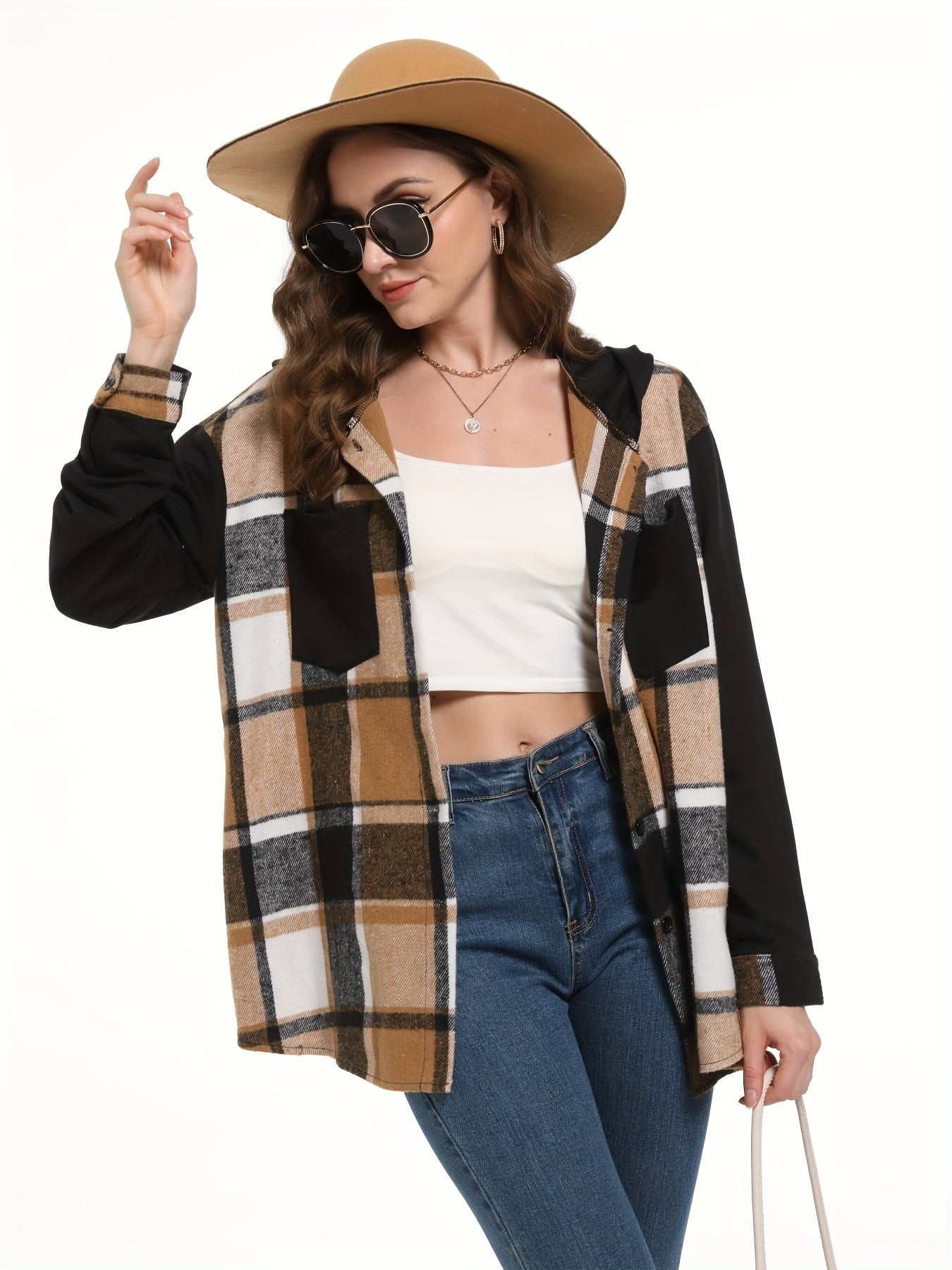 Plaid Print Hooded Jacket, Casual Button Front Long Sleeve Outerwear, Women's Clothing