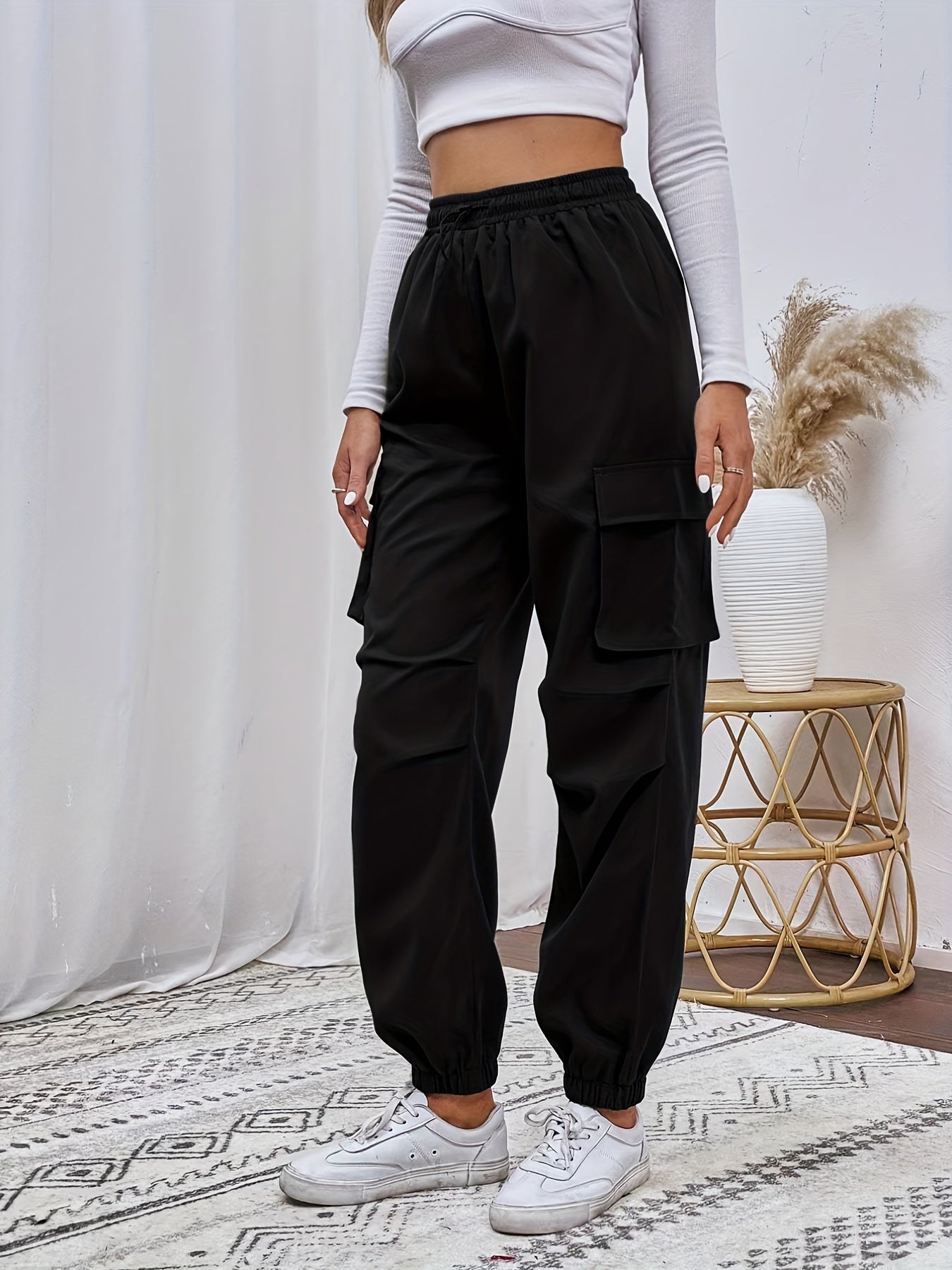 Y2K Flap Pocket Jogger Cargo Pants, Solid Drawstring Pants For All Season, Women's Clothing