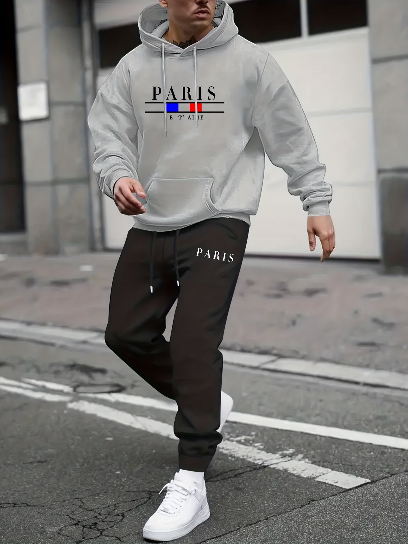 PARIS Print, Men's 2Pcs Outfits, Casual Hoodies Long Sleeve Pullover Hooded Sweatshirt And Sweatpants Joggers Set For Spring Fall, Men's Clothing