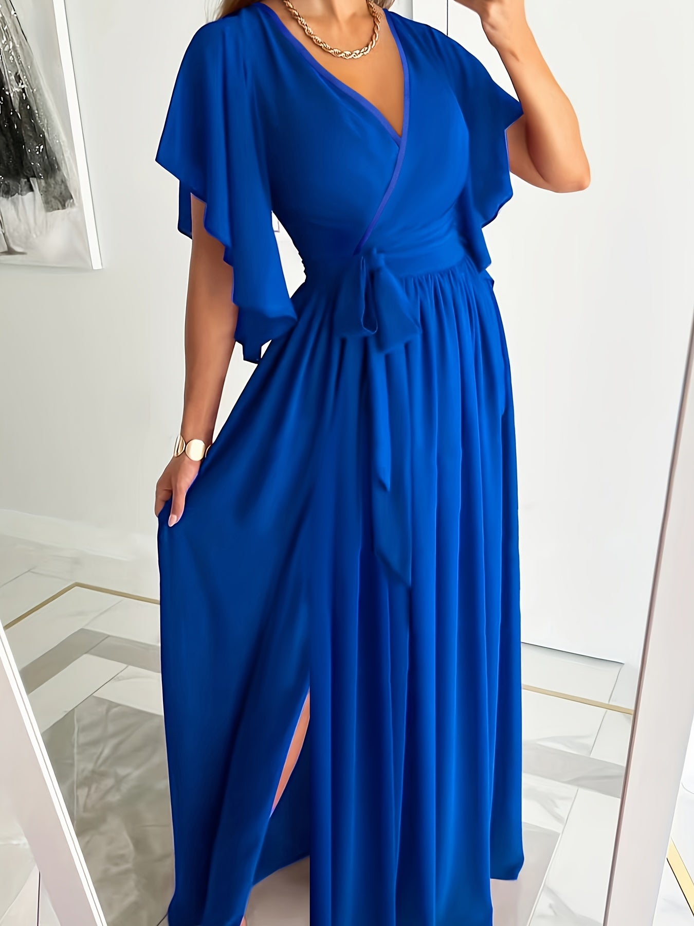 Plus Size Elegant Dress, Women's Plus Solid Ruffle Sleeve Surplice Neck High Split Hem Maxi Dress With Belt